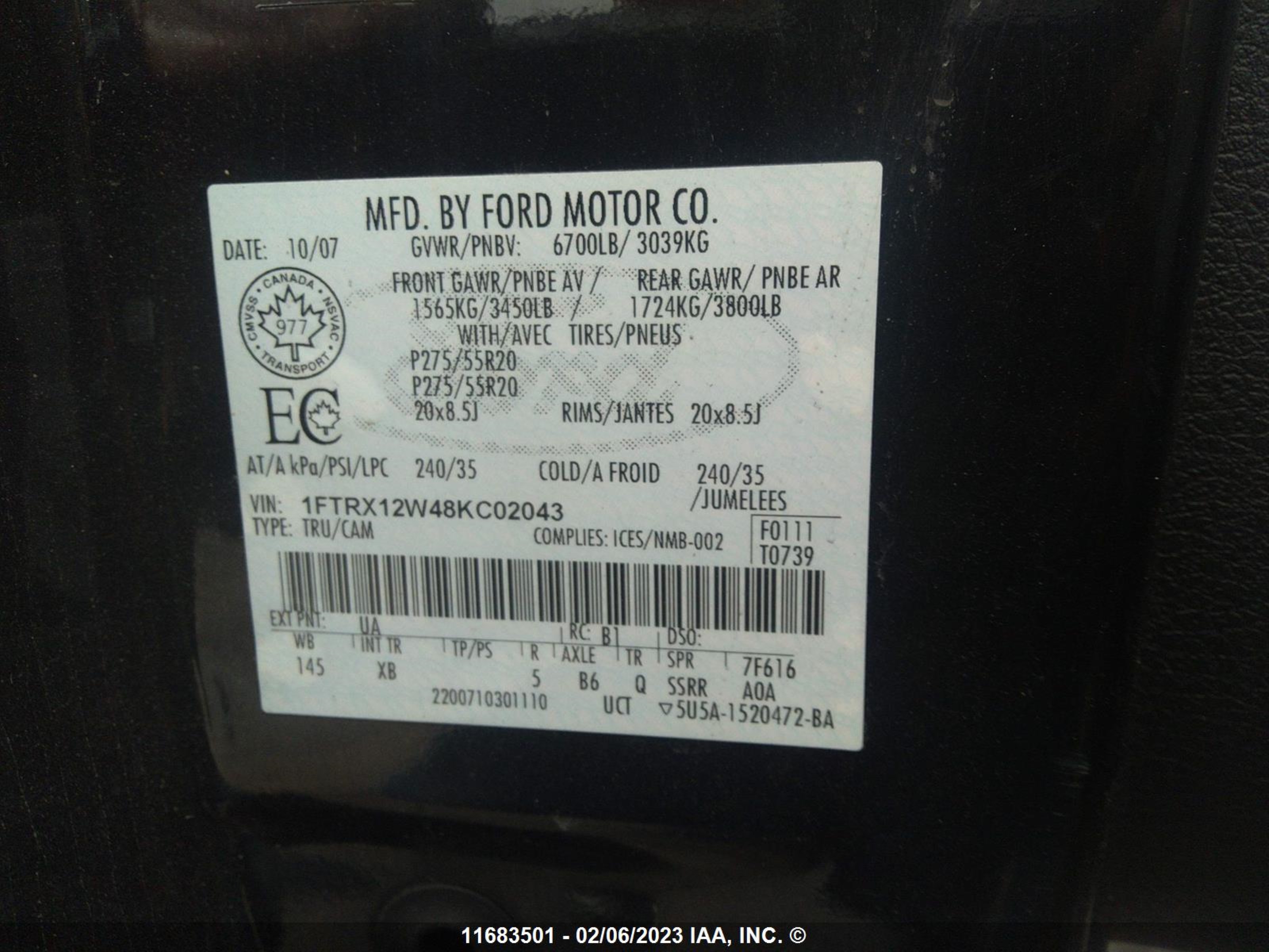 Photo 8 VIN: 1FTRX12W48KC02043 - FORD F-150 