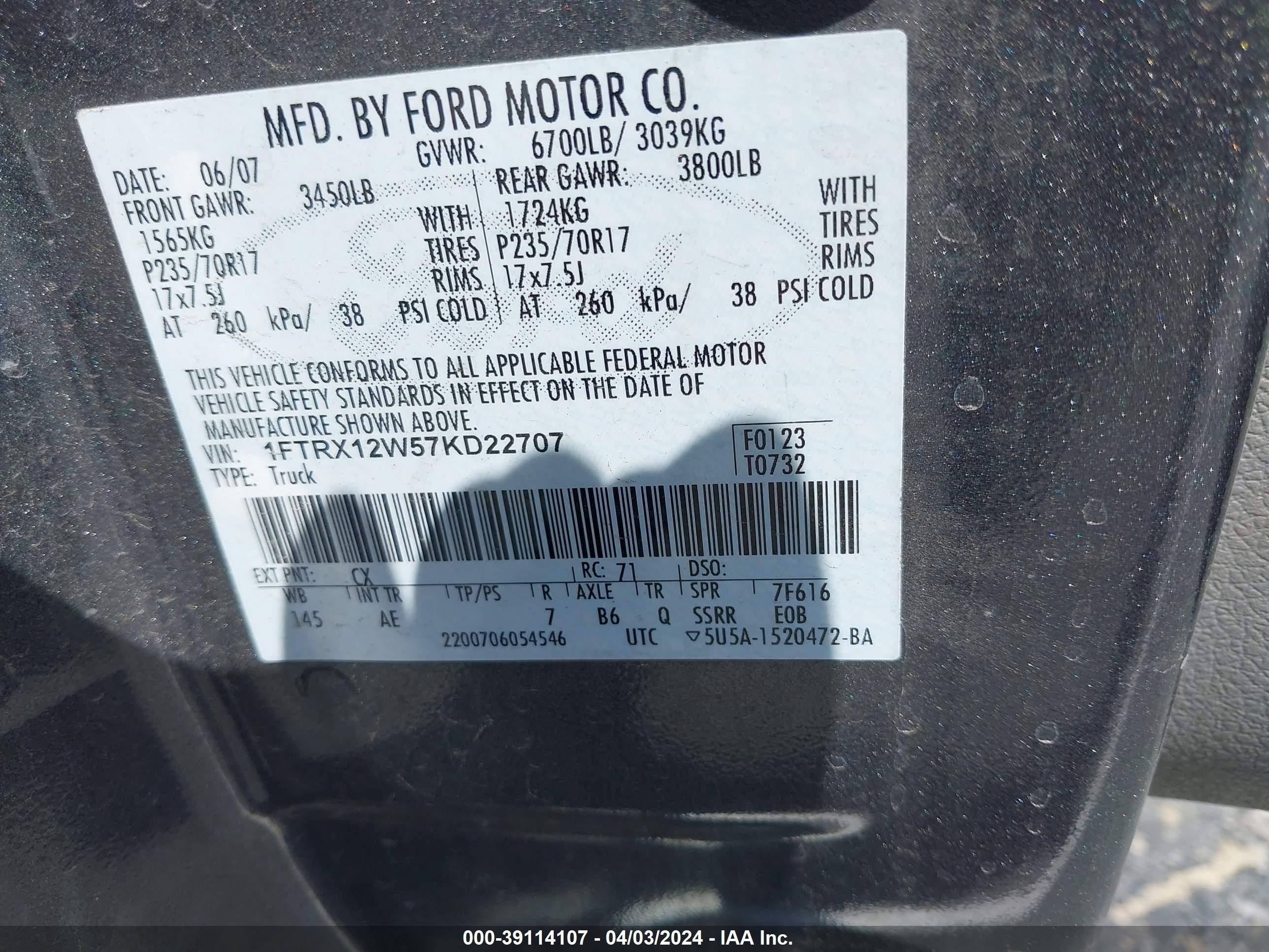 Photo 8 VIN: 1FTRX12W57KD22707 - FORD F-150 