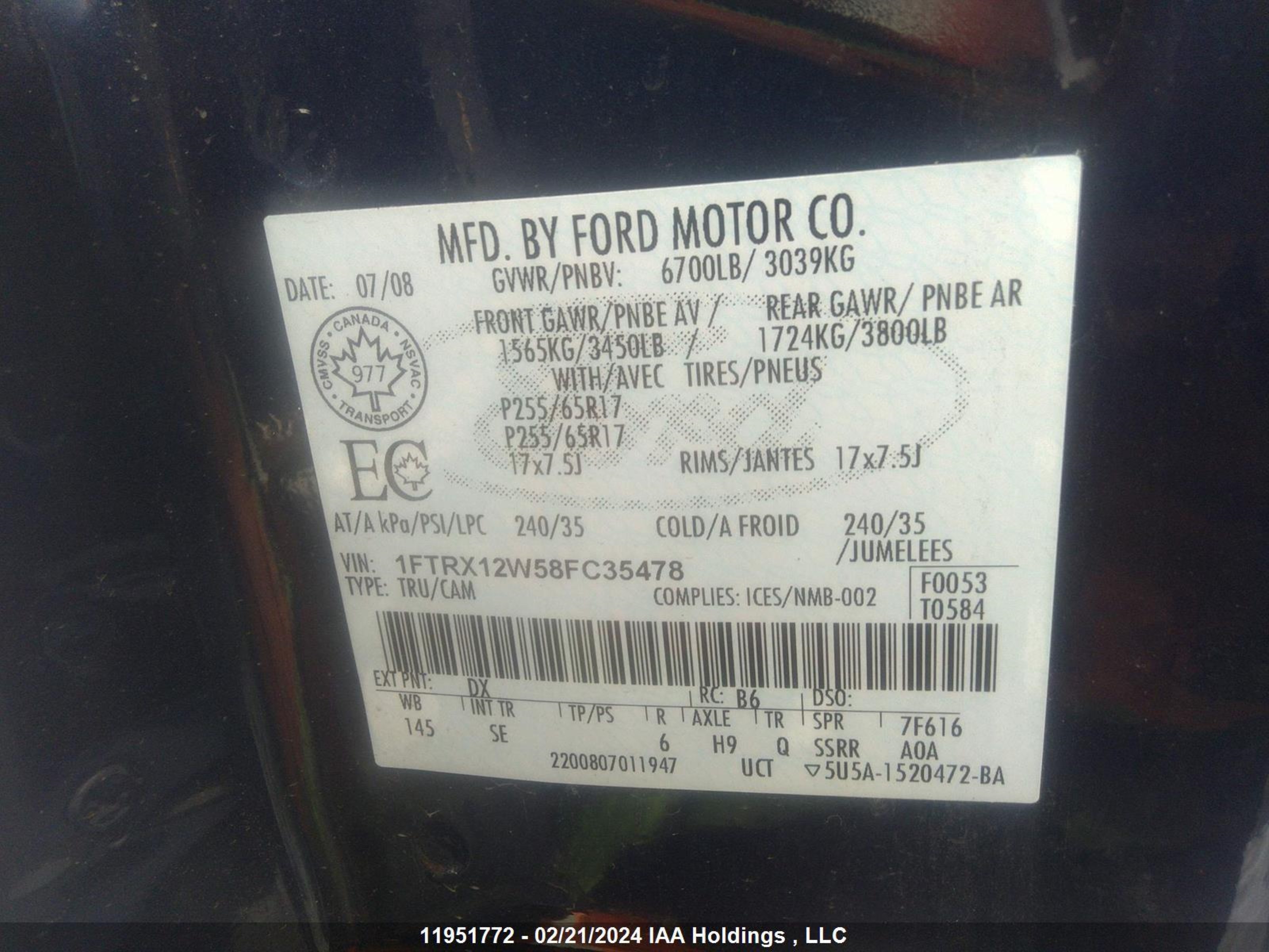 Photo 8 VIN: 1FTRX12W58FC35478 - FORD F-150 