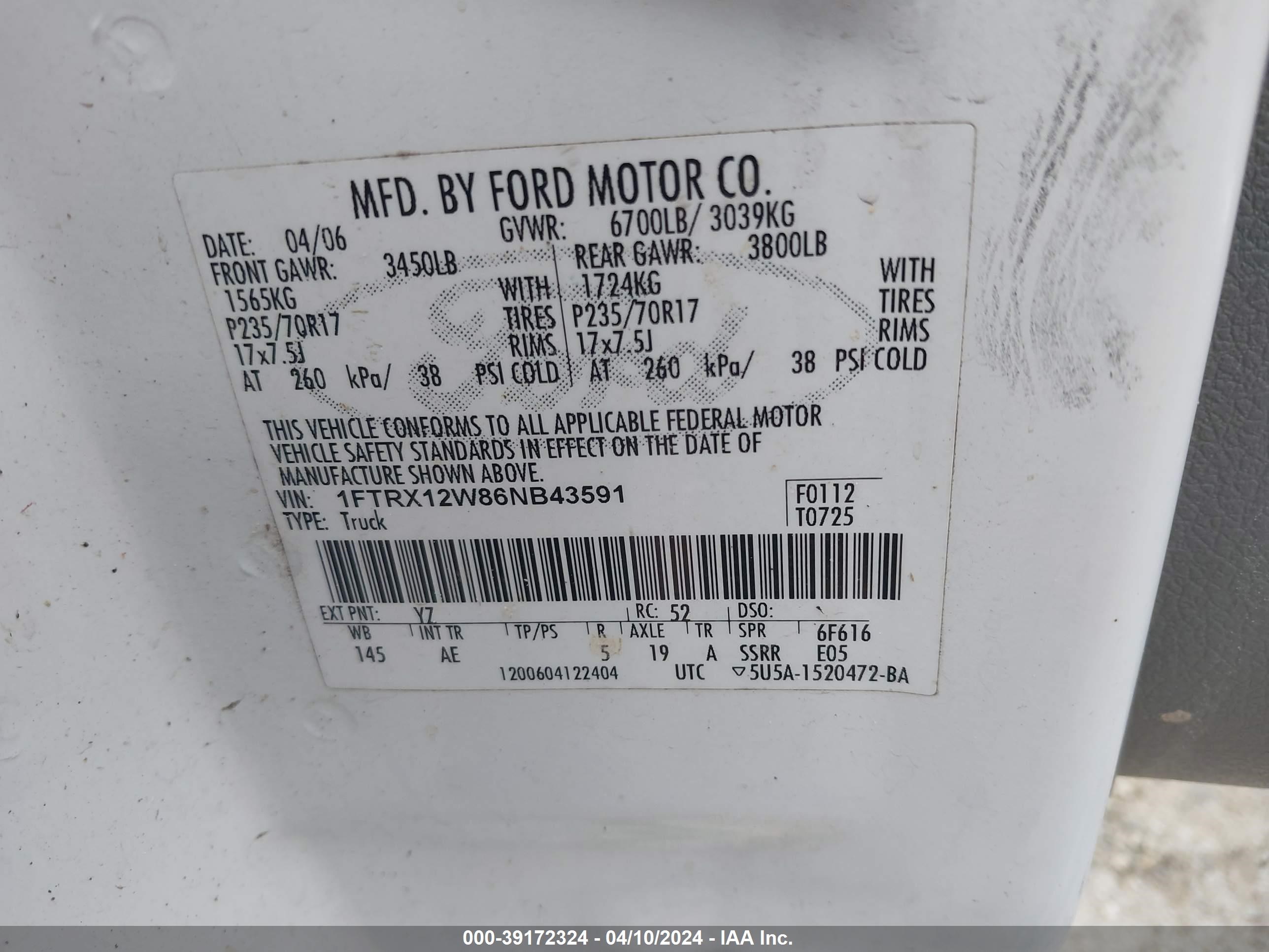 Photo 8 VIN: 1FTRX12W86NB43591 - FORD F-150 