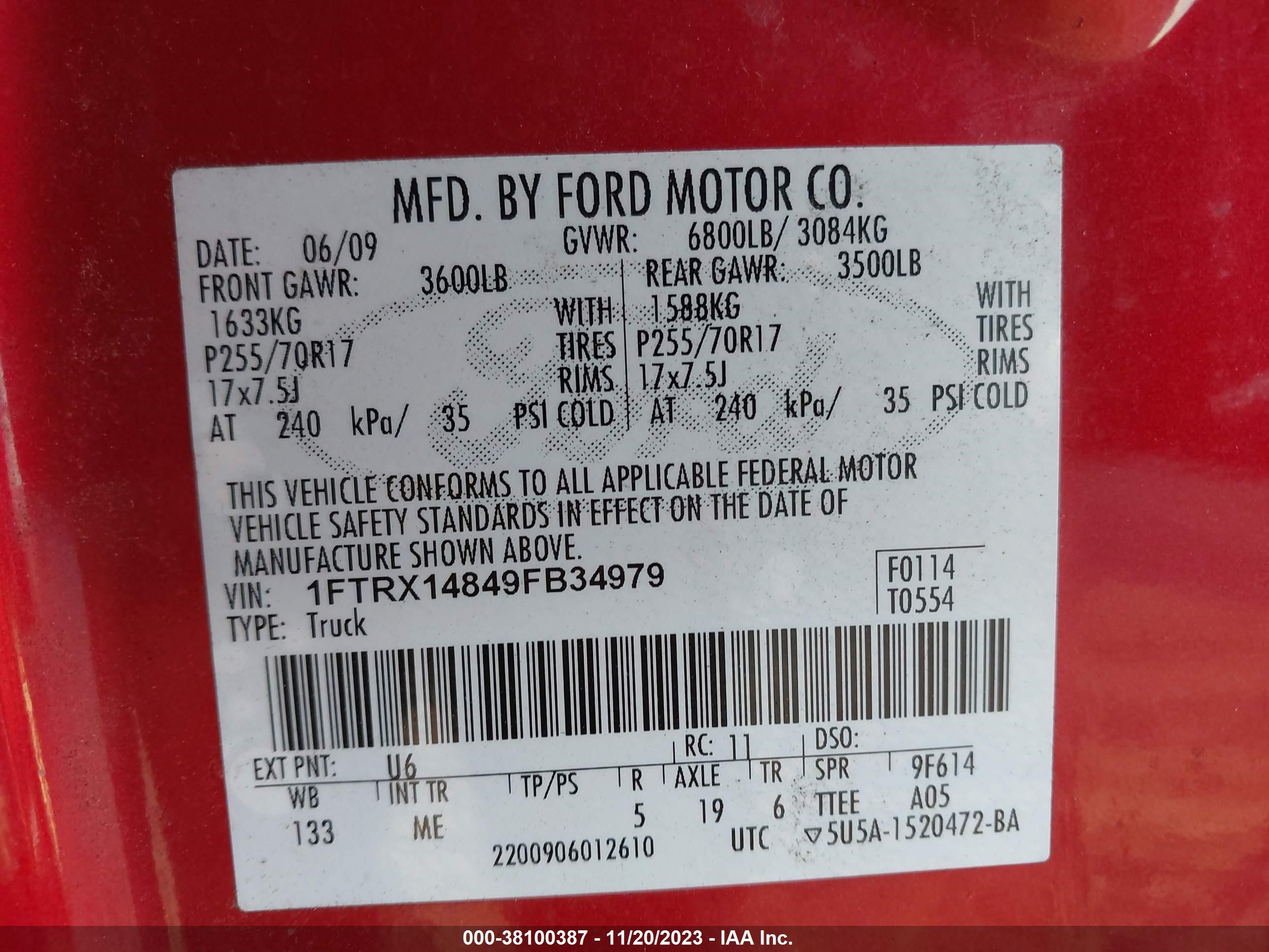 Photo 8 VIN: 1FTRX14849FB34979 - FORD F-150 