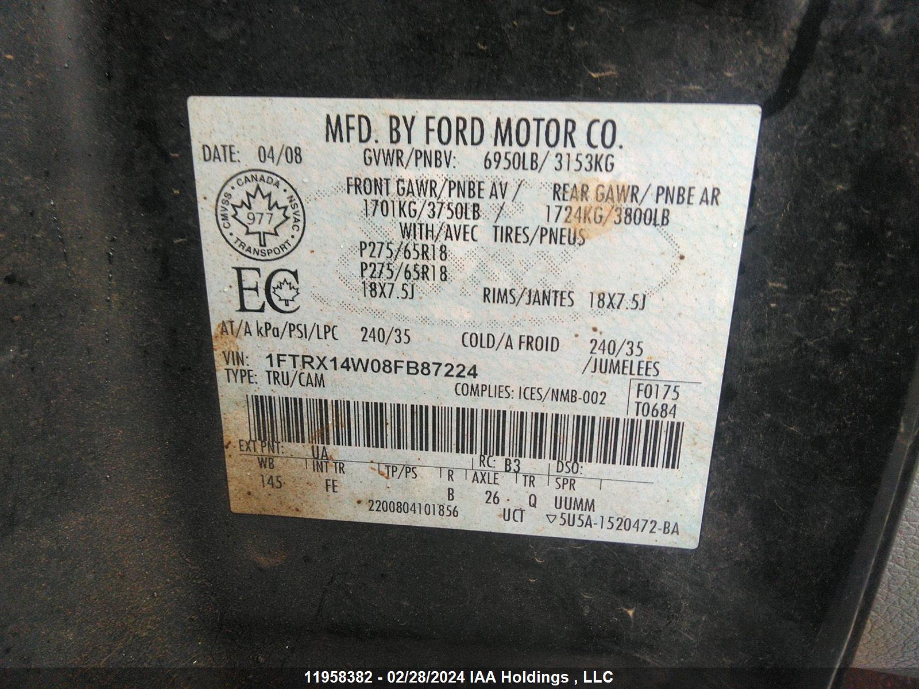 Photo 8 VIN: 1FTRX14W08FB87224 - FORD F-150 