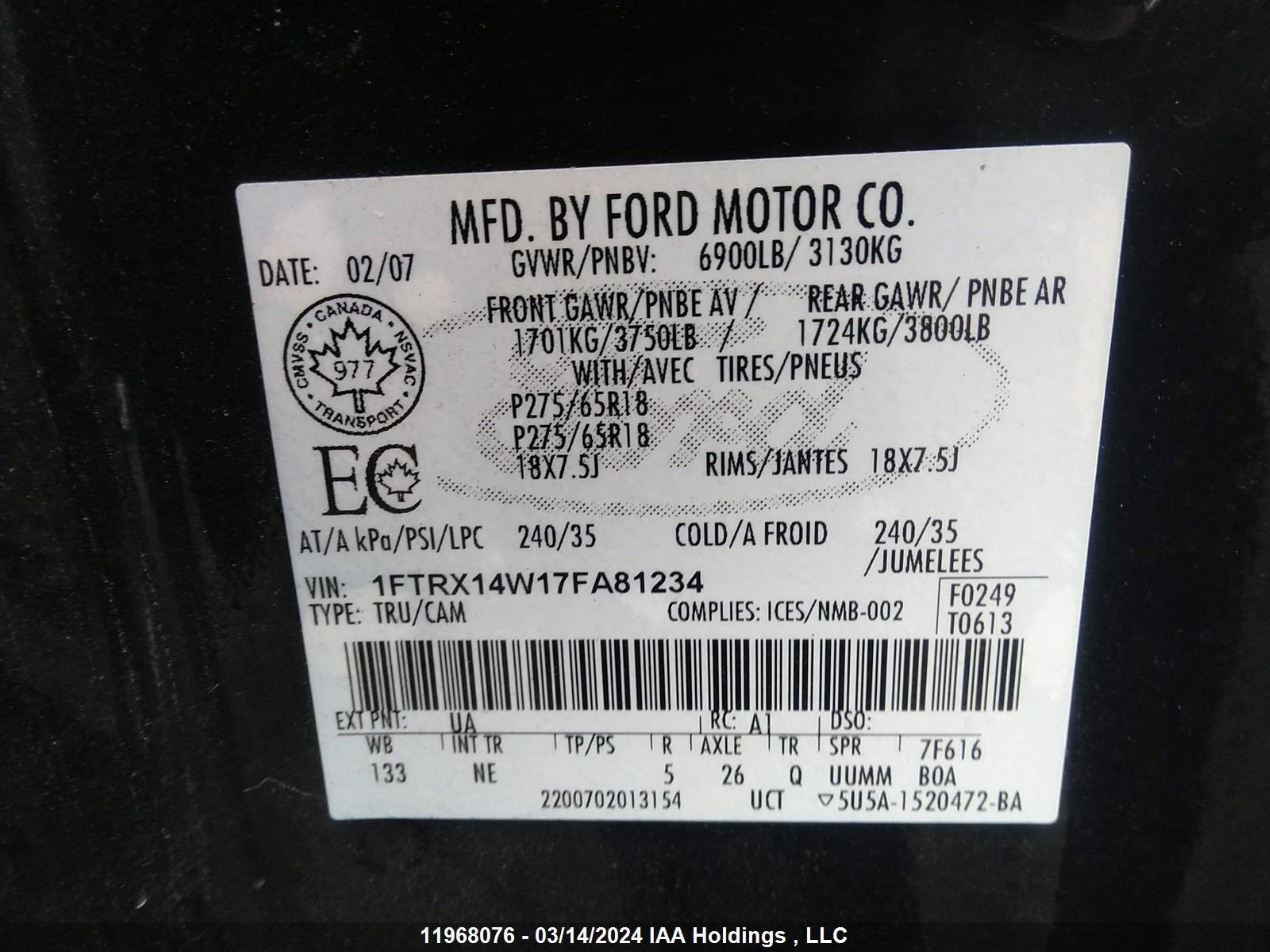 Photo 8 VIN: 1FTRX14W17FA81234 - FORD F-150 