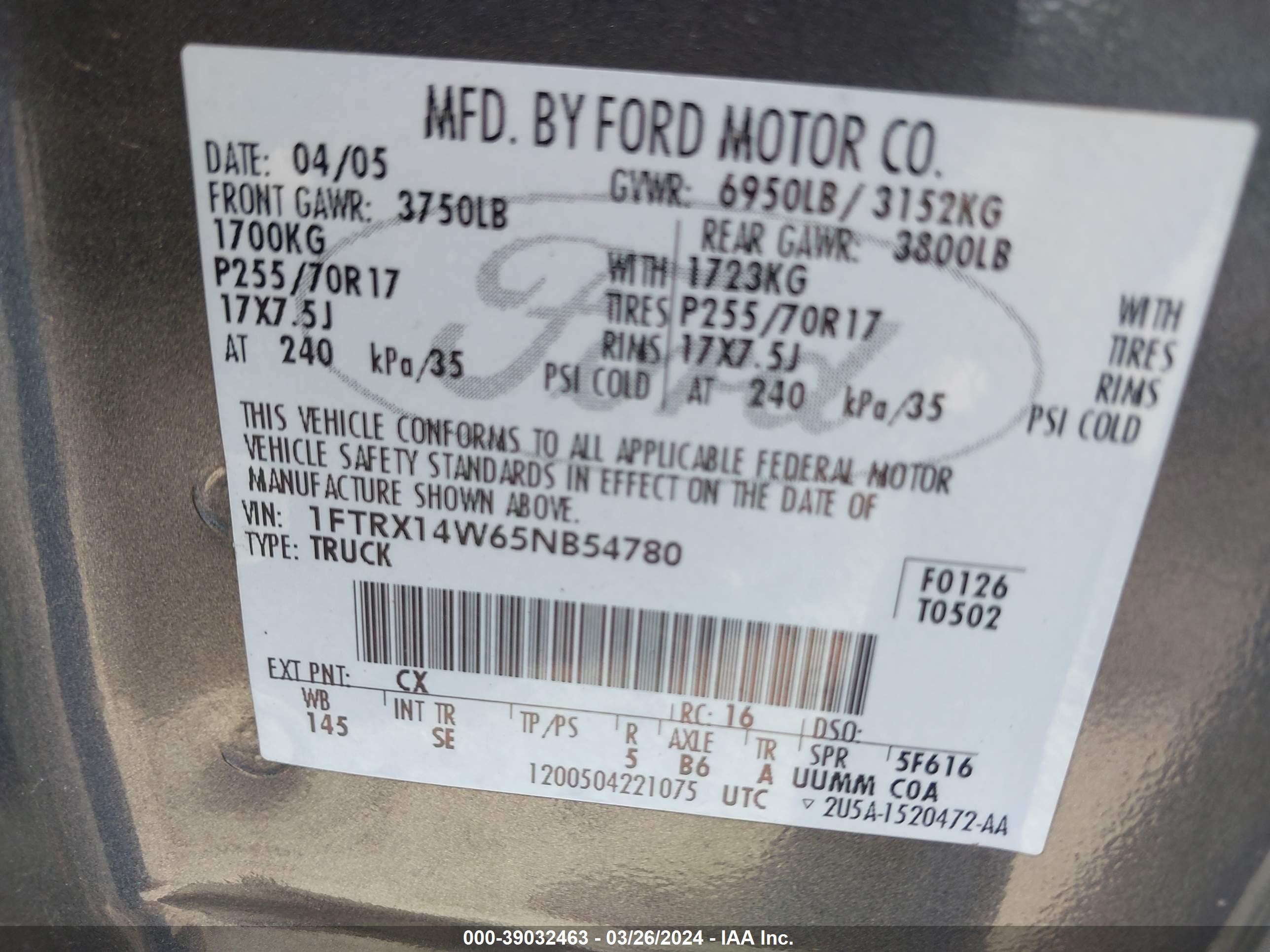 Photo 8 VIN: 1FTRX14W65NB54780 - FORD F-150 