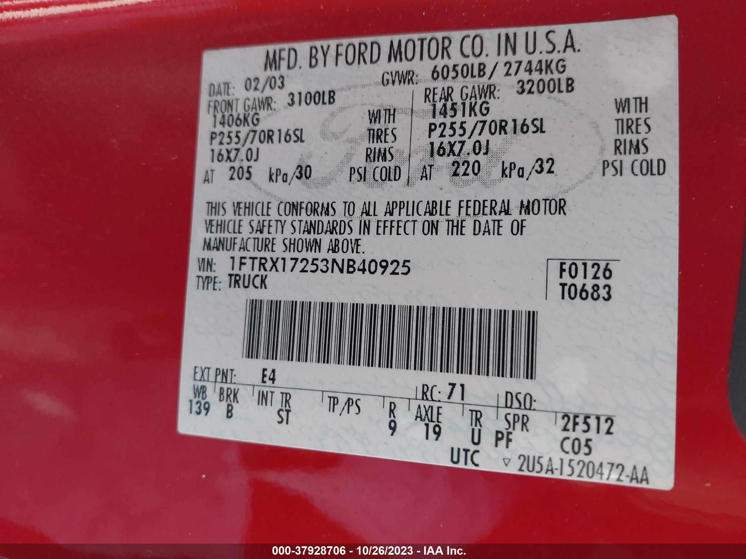 Photo 8 VIN: 1FTRX17253NB40925 - FORD F-150 