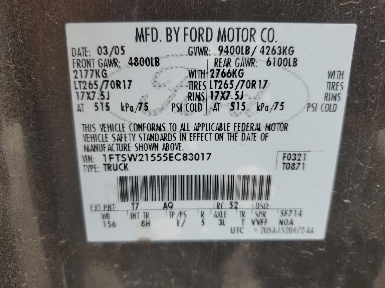 Photo 11 VIN: 1FTSW21555EC83017 - FORD F250 