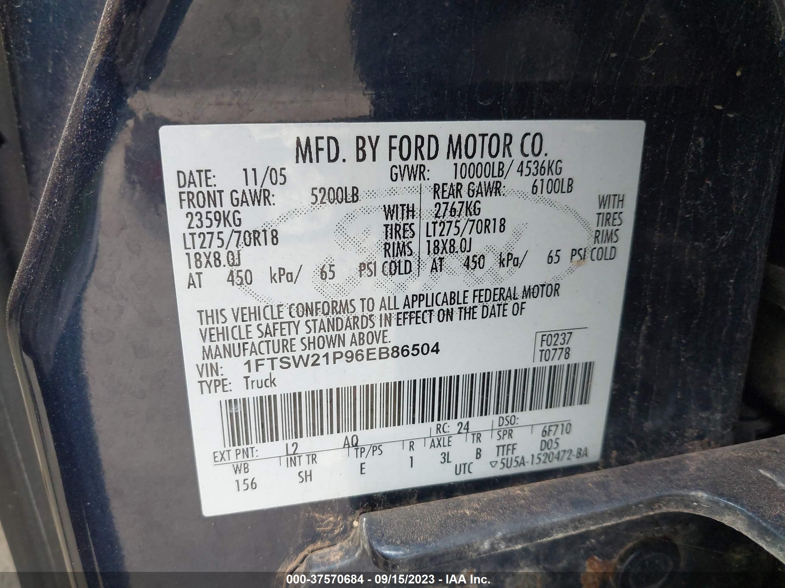 Photo 8 VIN: 1FTSW21P96EB86504 - FORD F250 