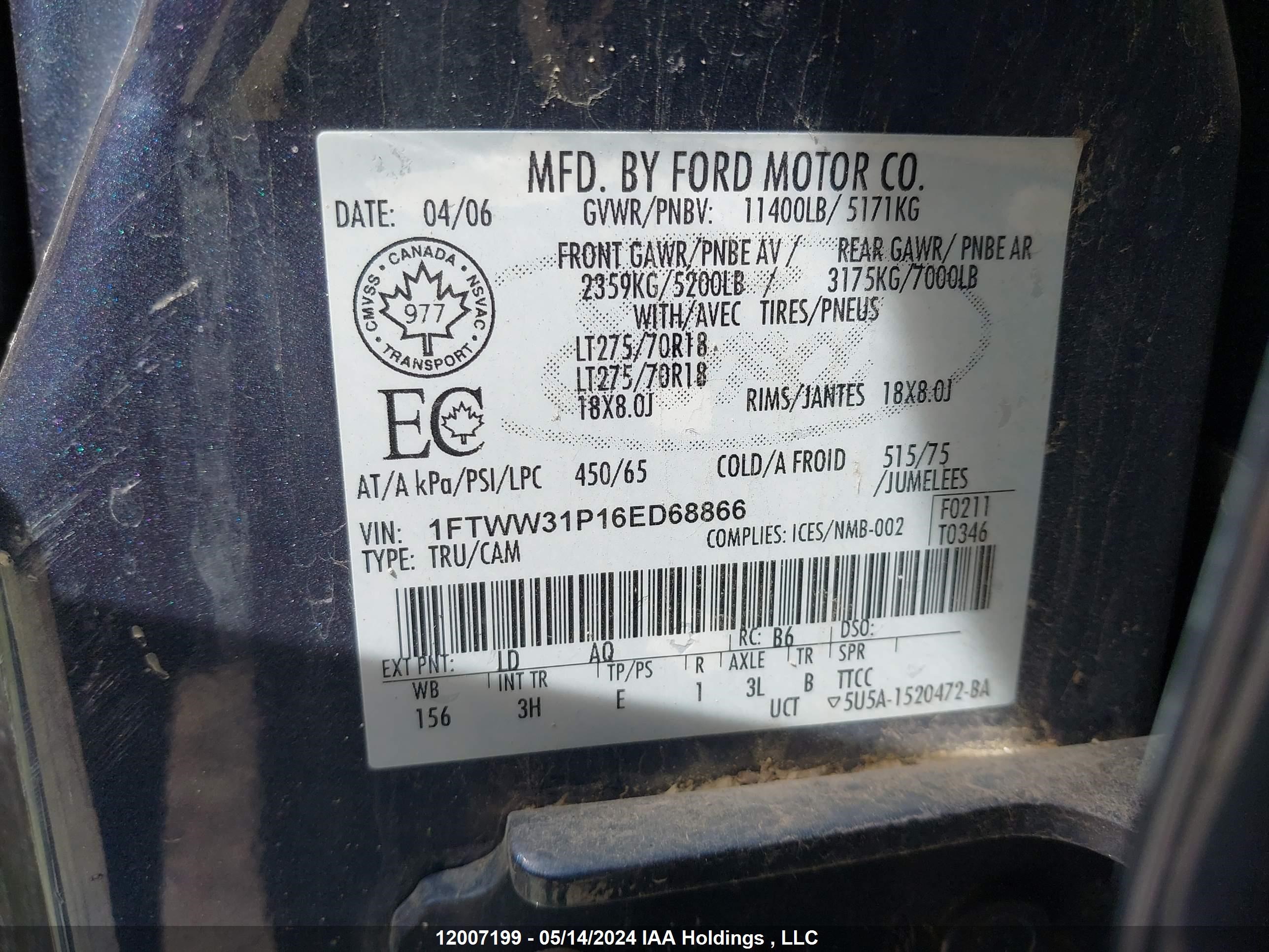 Photo 8 VIN: 1FTWW31P16ED68866 - FORD F350 