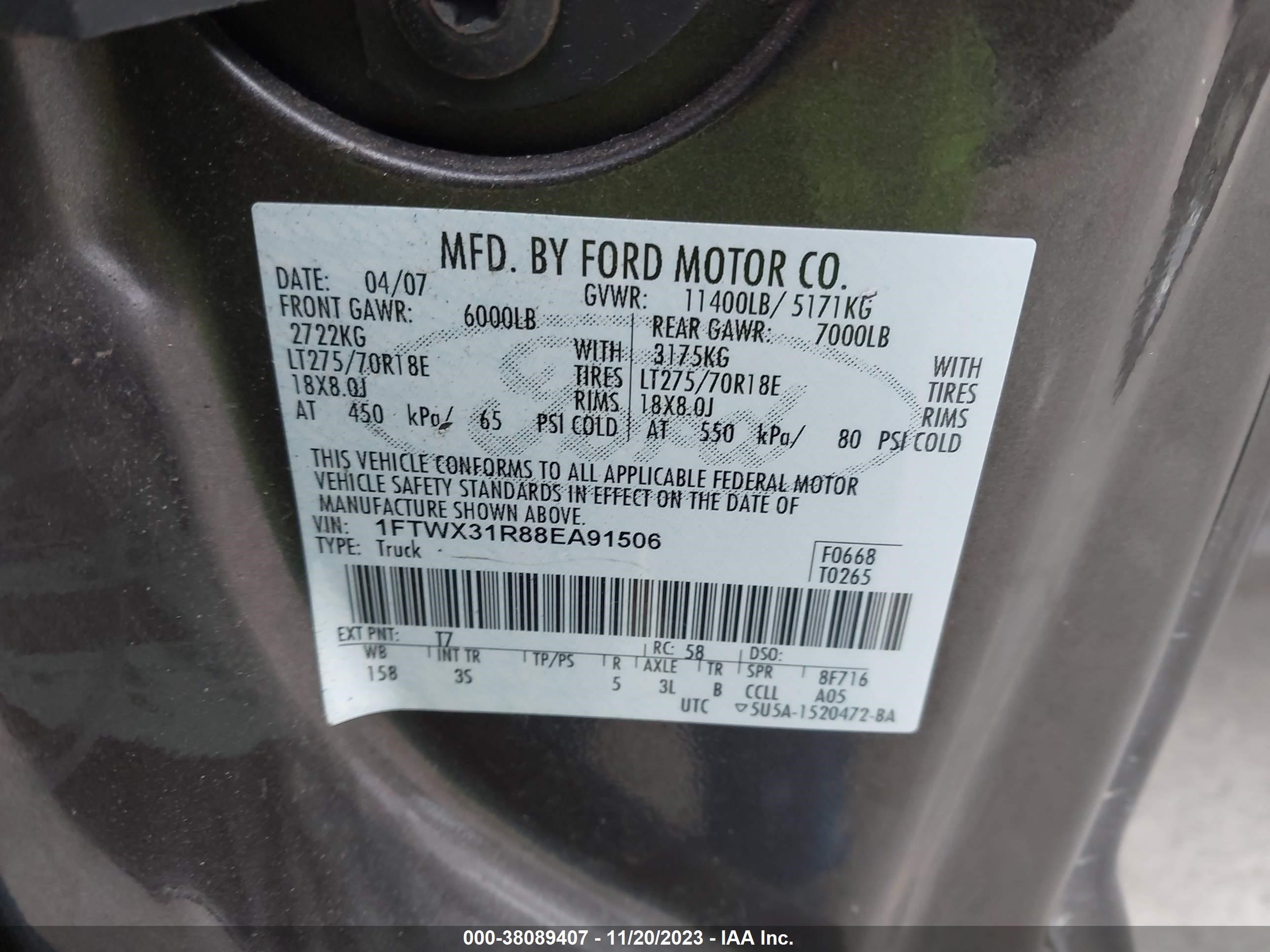 Photo 8 VIN: 1FTWX31R88EA91506 - FORD F350 