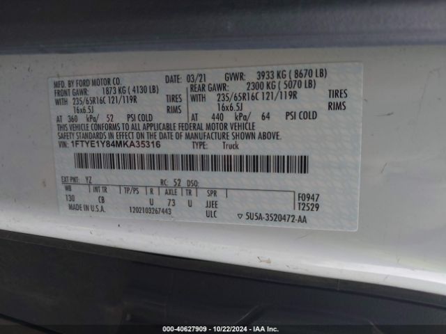 Photo 8 VIN: 1FTYE1Y84MKA35316 - FORD TRANSIT 