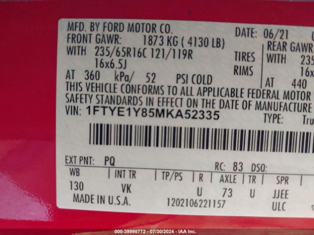 Photo 8 VIN: 1FTYE1Y85MKA52335 - FORD TRANSIT 