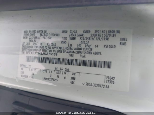 Photo 8 VIN: 1FTYE1YM2JKA75189 - FORD TRANSIT-150 