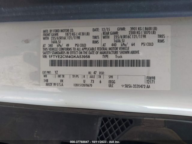 Photo 8 VIN: 1FTYE2CM4GKA53958 - FORD TRANSIT-150 