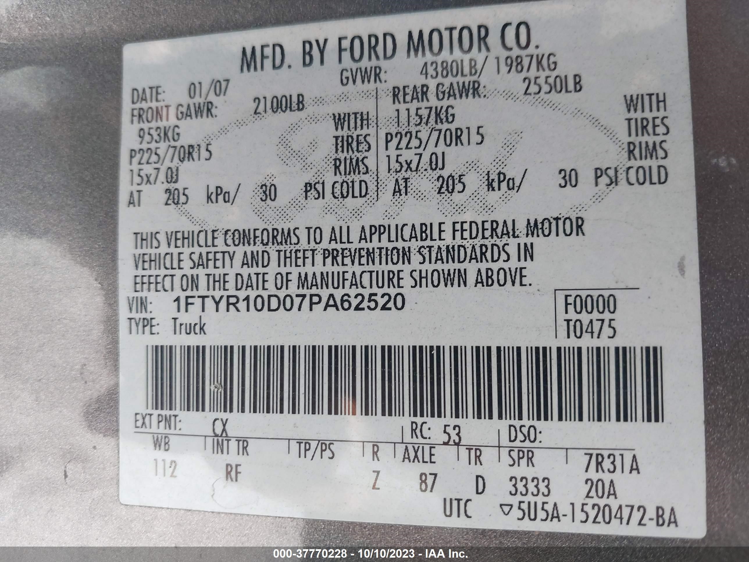 Photo 8 VIN: 1FTYR10D07PA62520 - FORD RANGER 