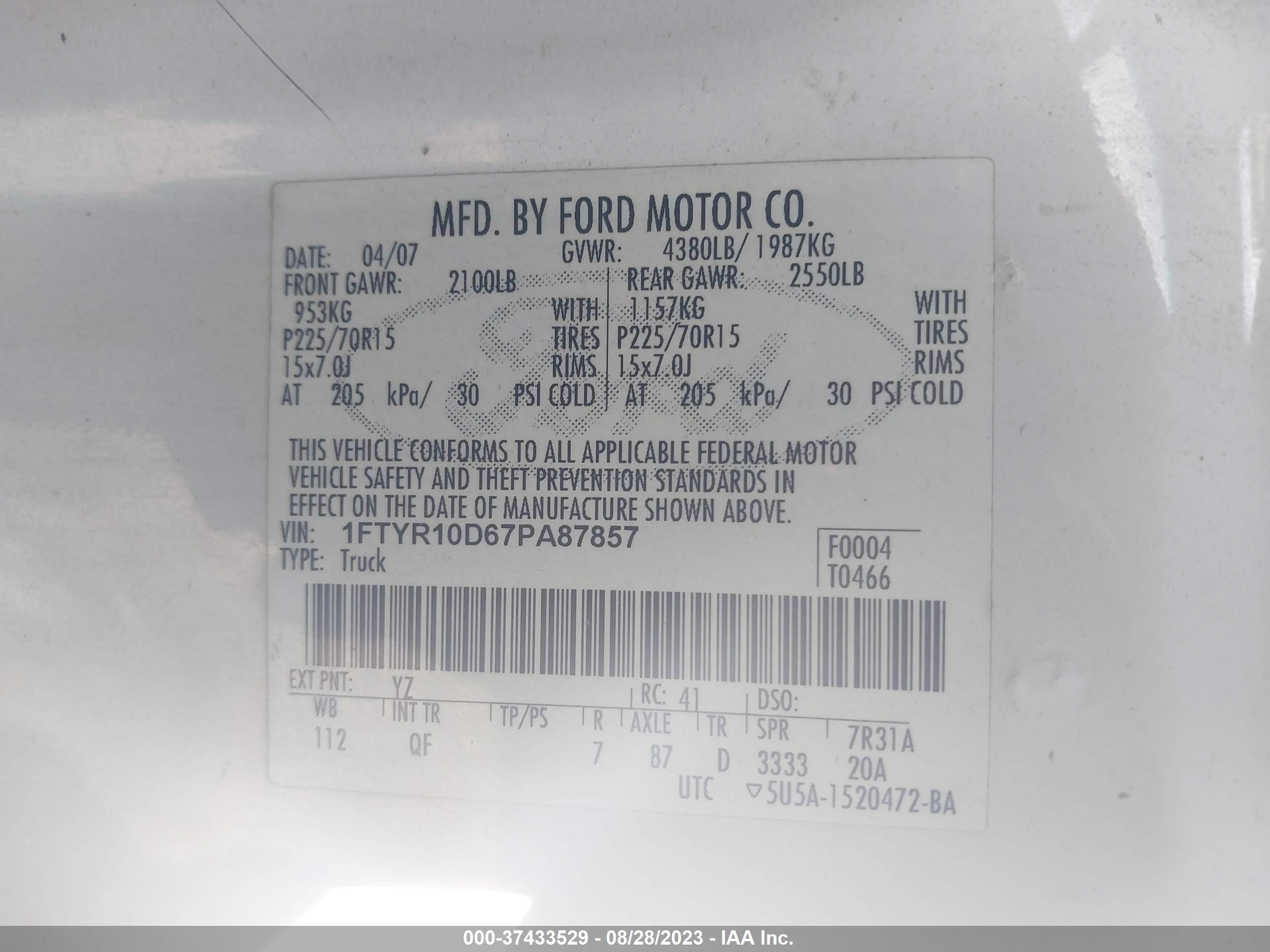 Photo 8 VIN: 1FTYR10D67PA87857 - FORD RANGER 