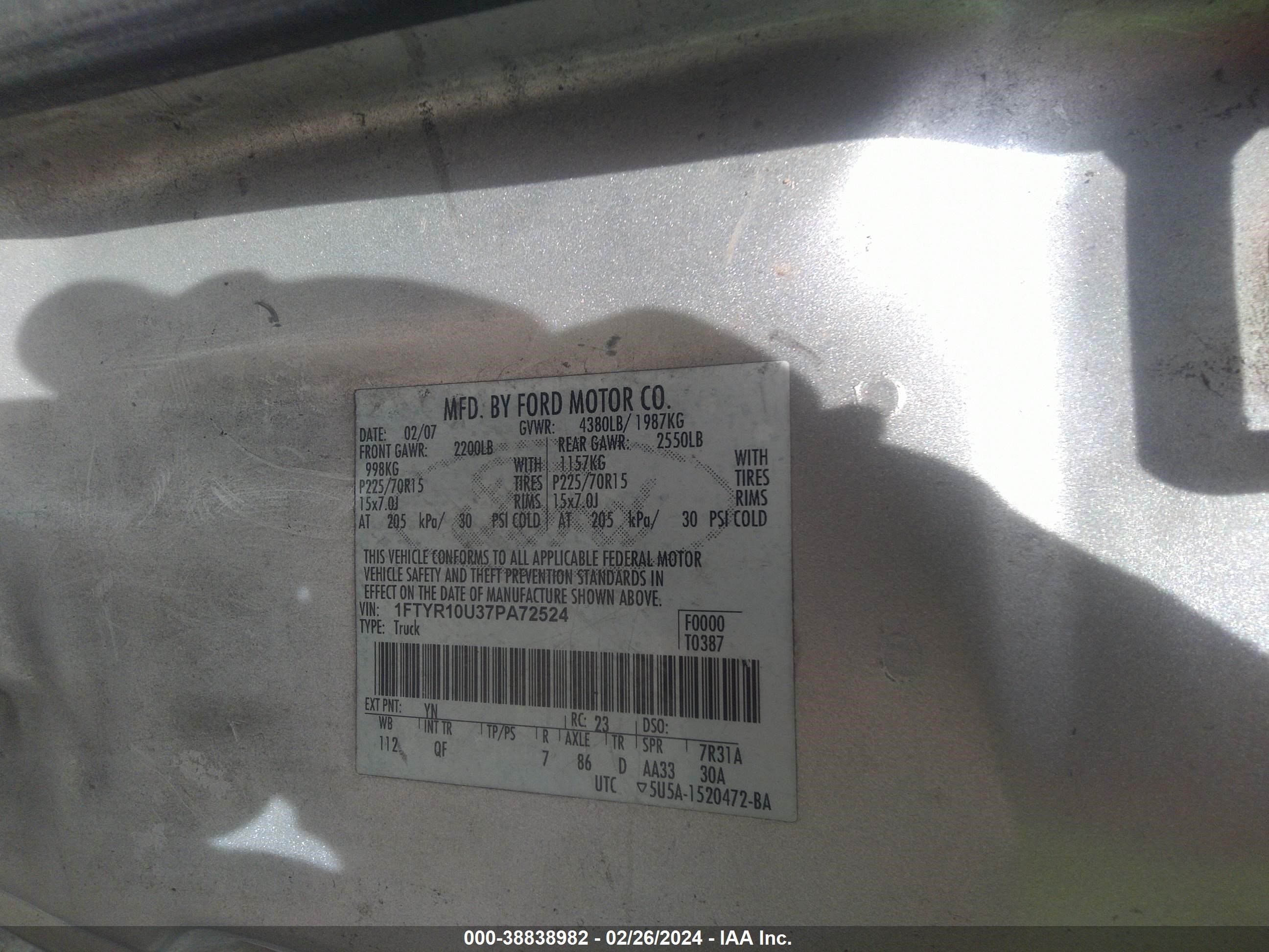 Photo 8 VIN: 1FTYR10U37PA72524 - FORD RANGER 