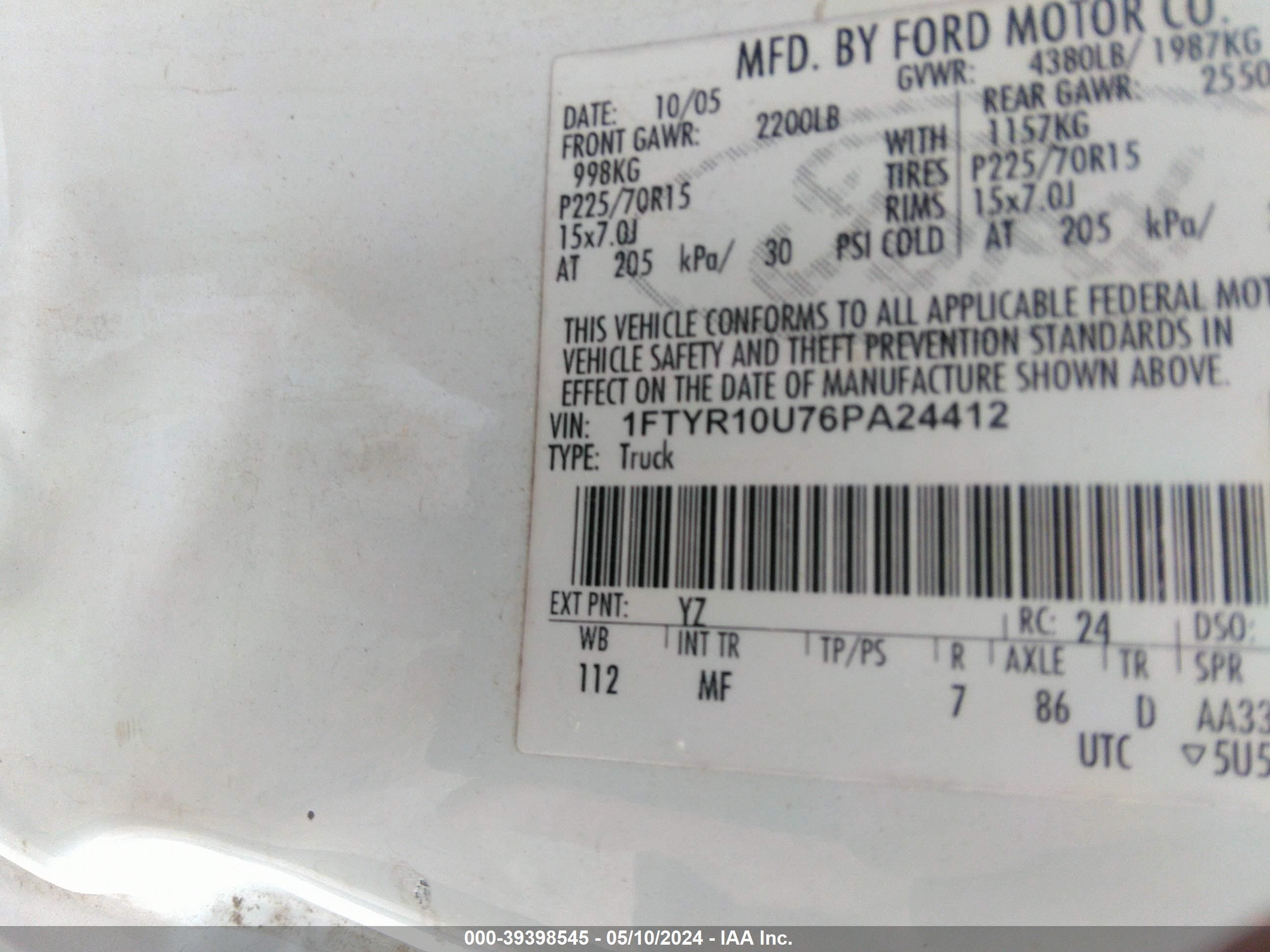 Photo 8 VIN: 1FTYR10U76PA24412 - FORD RANGER 