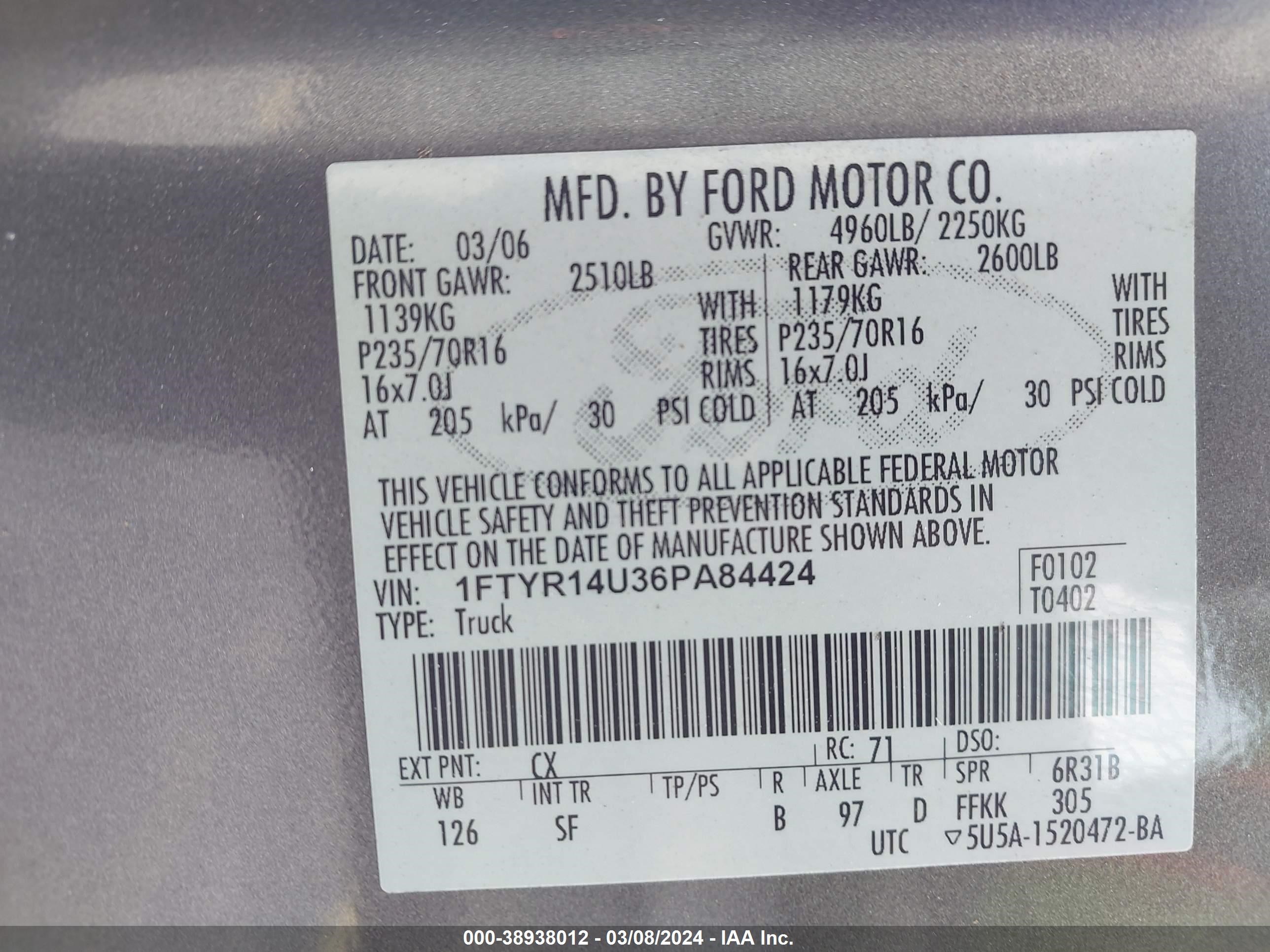 Photo 8 VIN: 1FTYR14U36PA84424 - FORD RANGER 