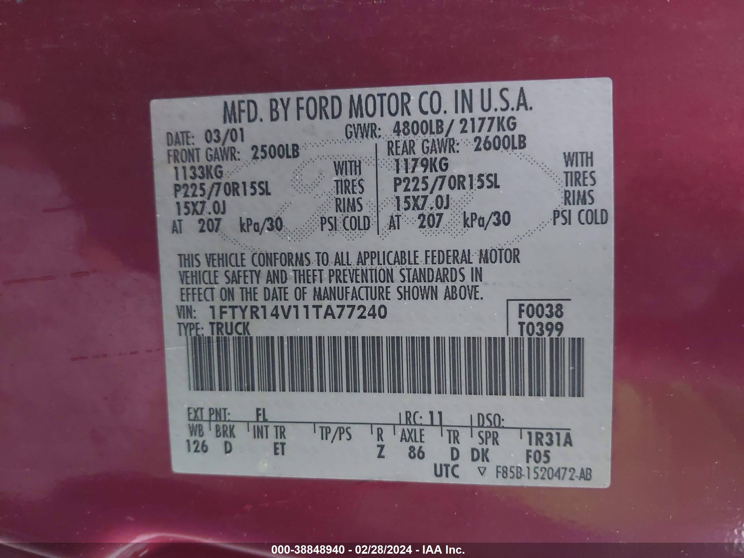 Photo 8 VIN: 1FTYR14V11TA77240 - FORD RANGER 