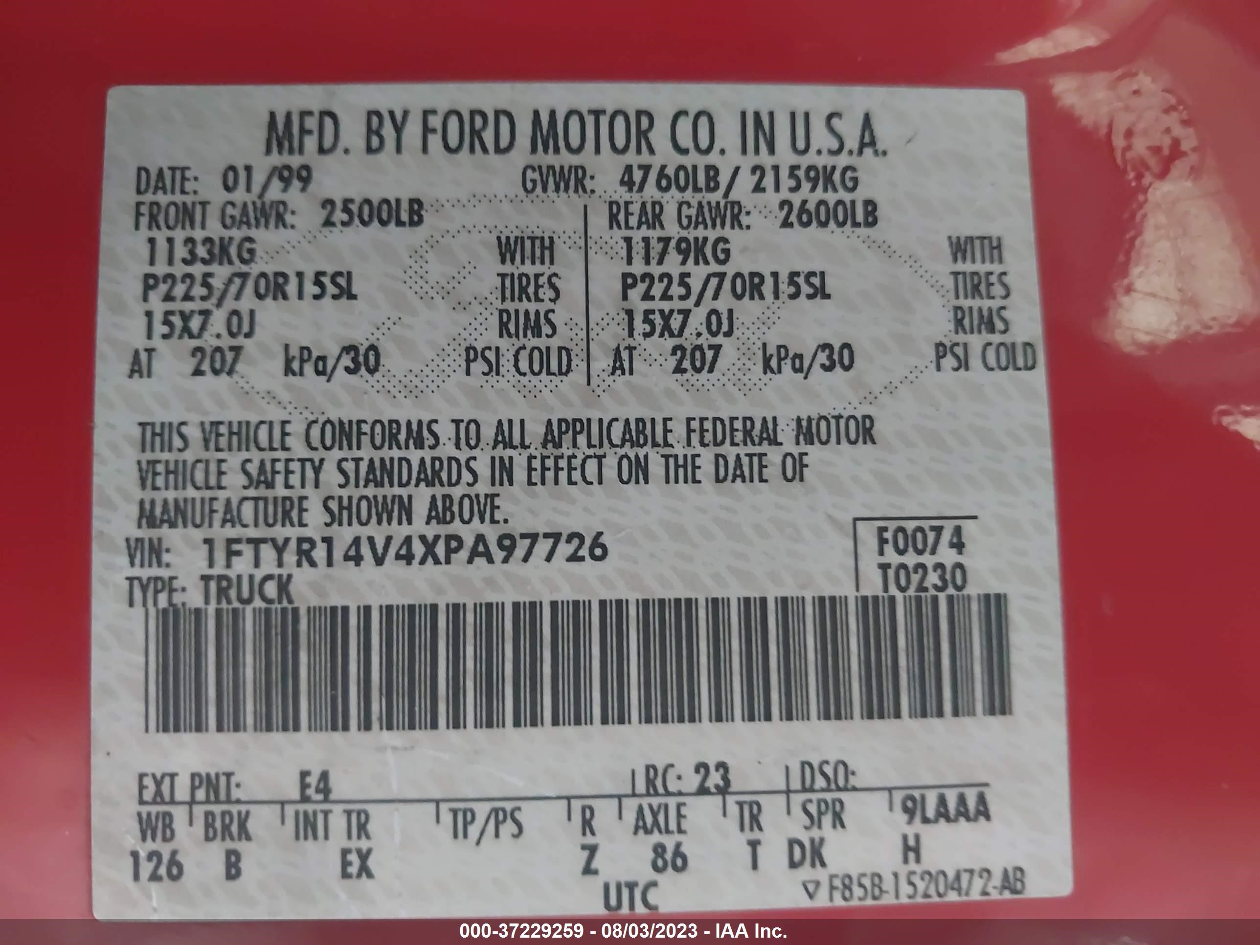 Photo 8 VIN: 1FTYR14V4XPA97726 - FORD RANGER 