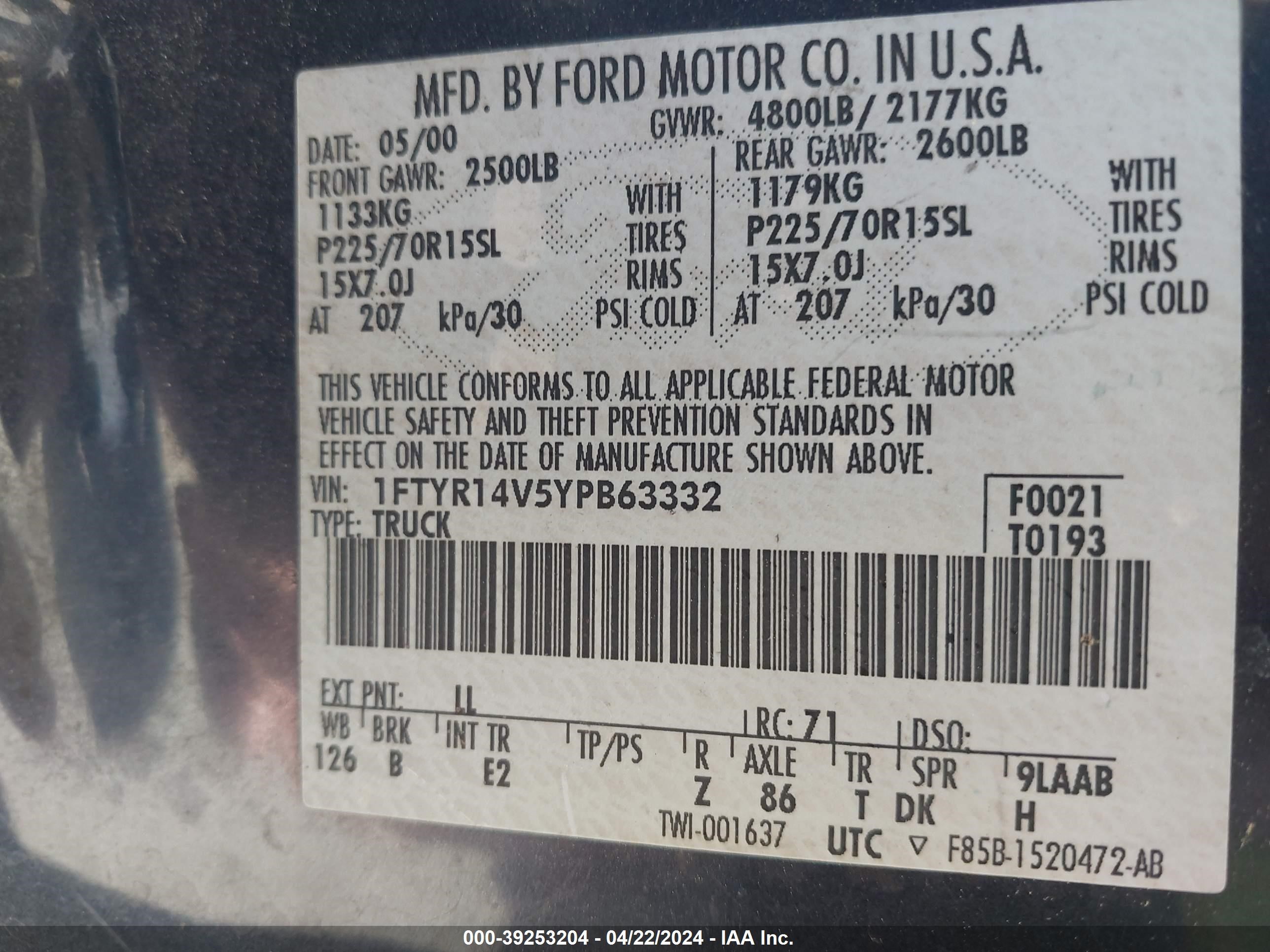 Photo 8 VIN: 1FTYR14V5YPB63332 - FORD RANGER 