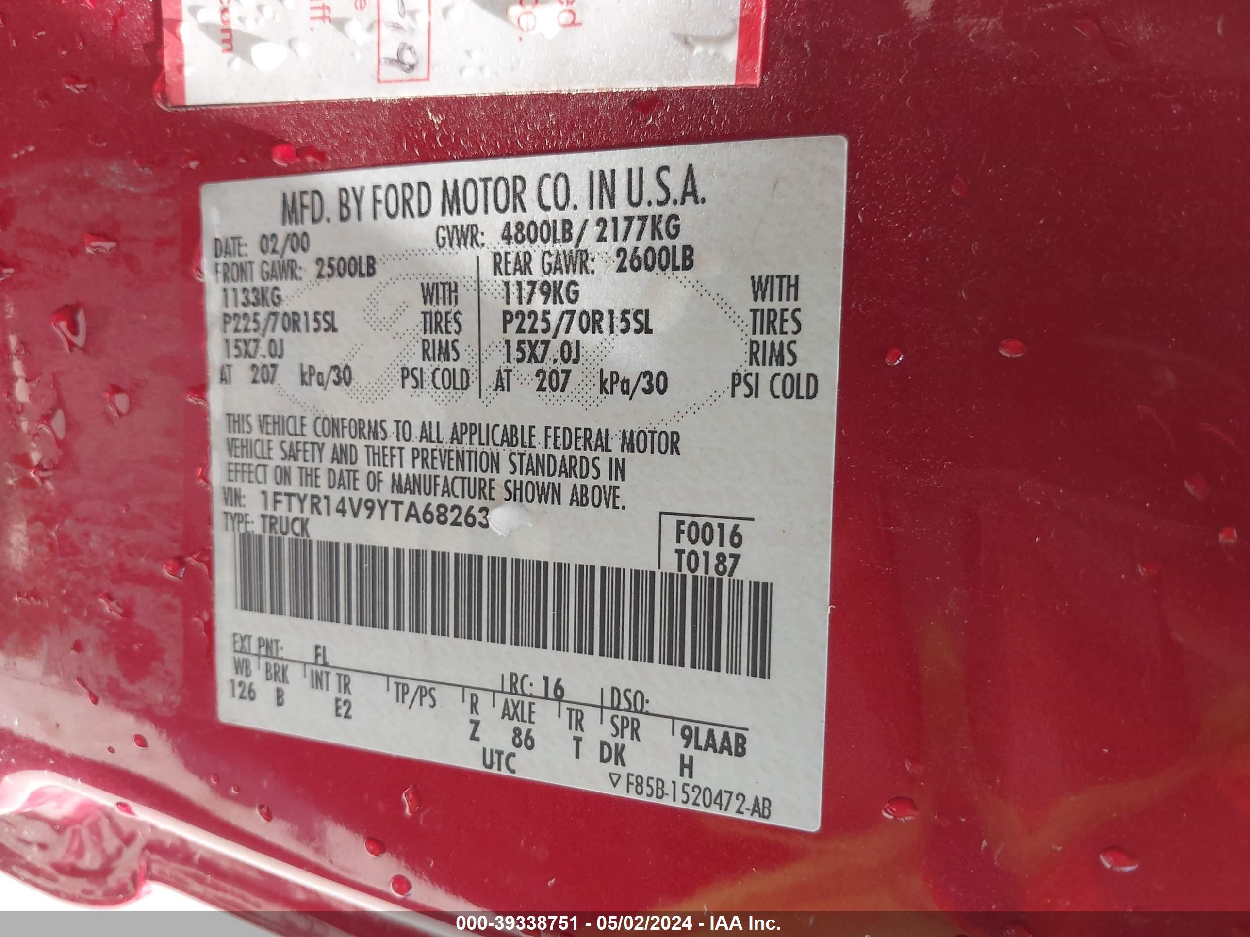 Photo 8 VIN: 1FTYR14V9YTA68263 - FORD RANGER 