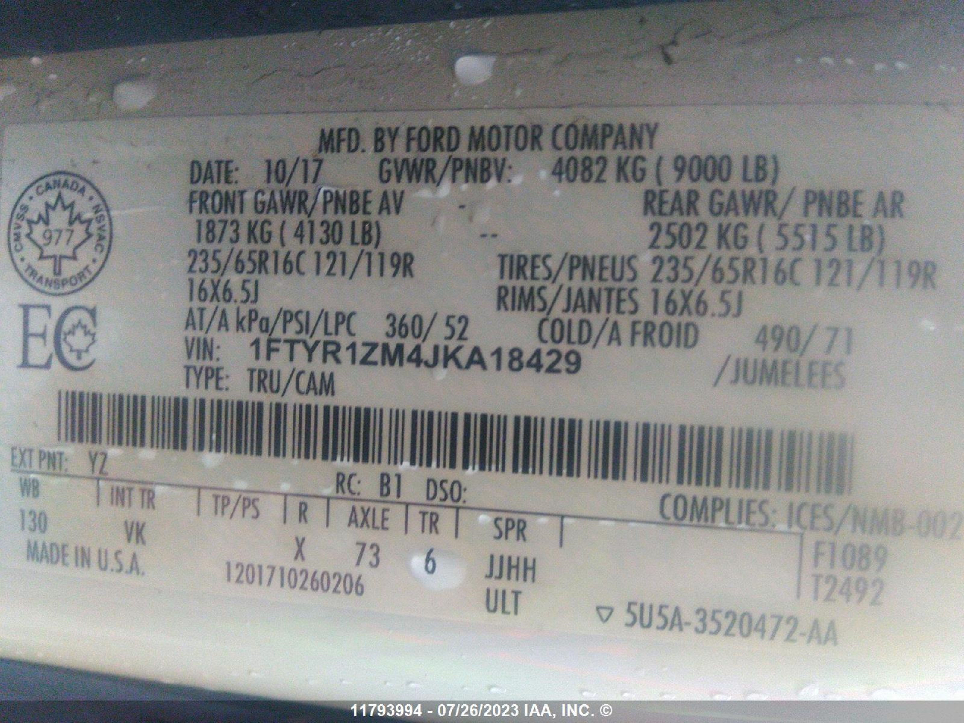 Photo 8 VIN: 1FTYR1ZM4JKA18429 - FORD TRANSIT 