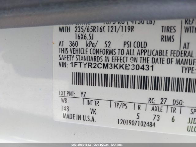 Photo 8 VIN: 1FTYR2CM3KKB30431 - FORD TRANSIT 