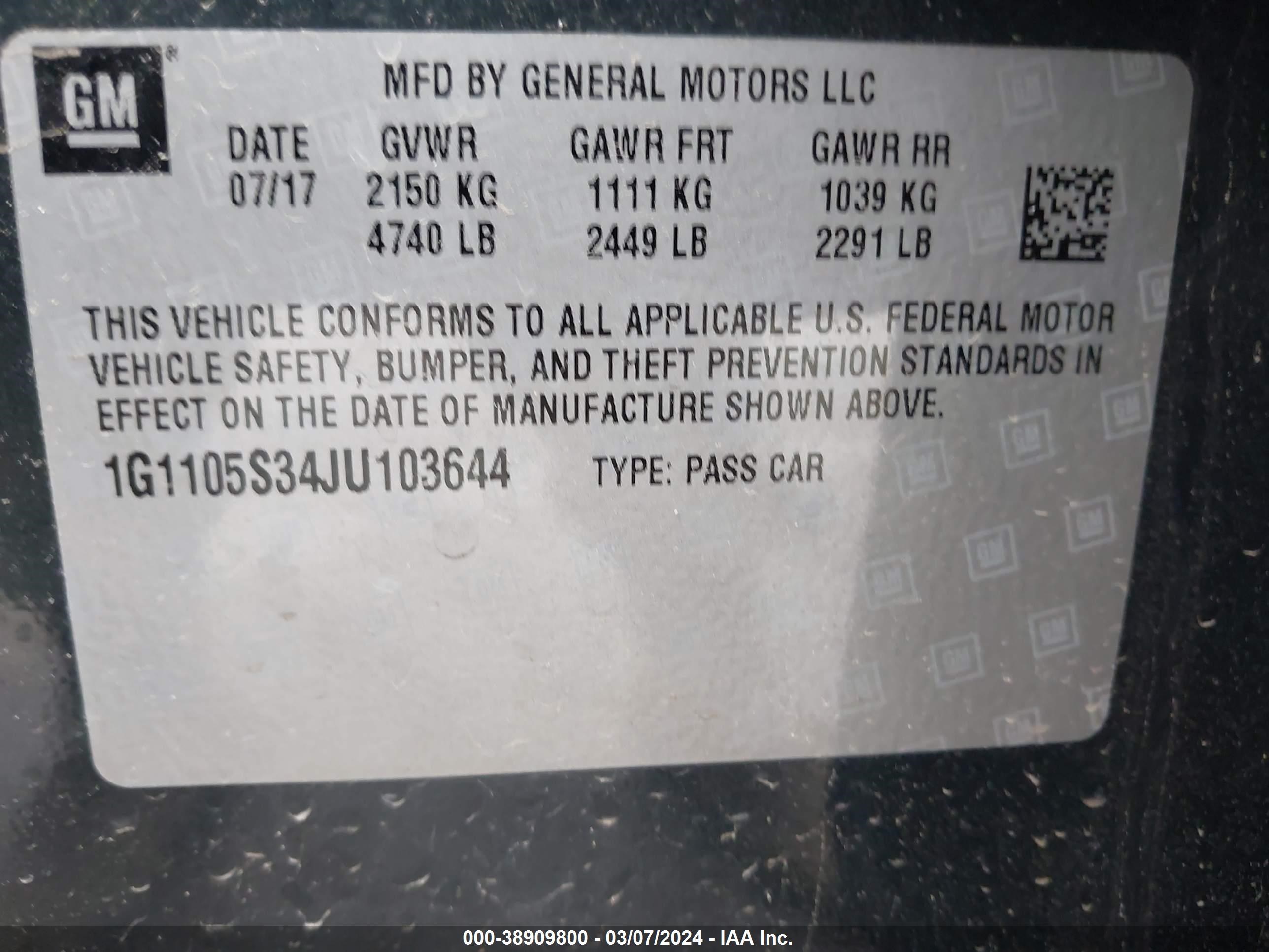 Photo 8 VIN: 1G1105S34JU103644 - CHEVROLET IMPALA 