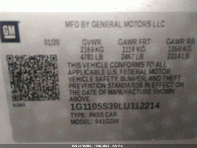 Photo 8 VIN: 1G1105S39LU112214 - CHEVROLET IMPALA 