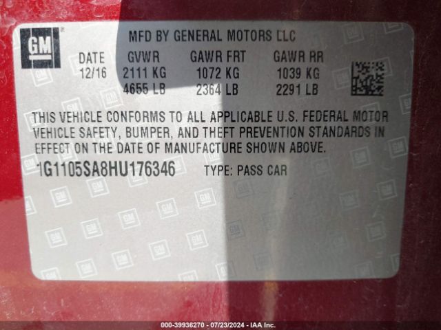 Photo 8 VIN: 1G1105SA8HU176346 - CHEVROLET IMPALA 