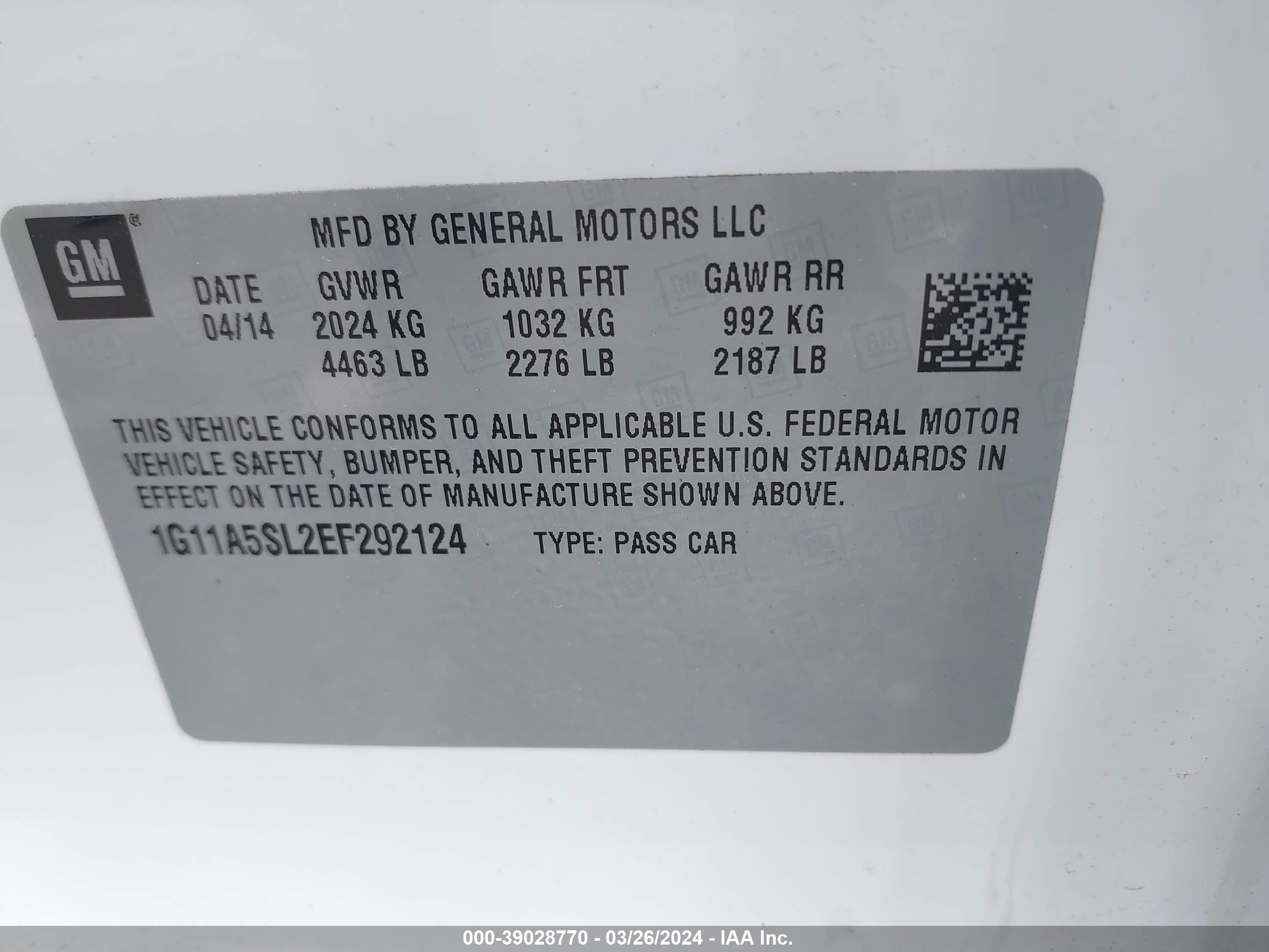 Photo 8 VIN: 1G11A5SL2EF292124 - CHEVROLET MALIBU 