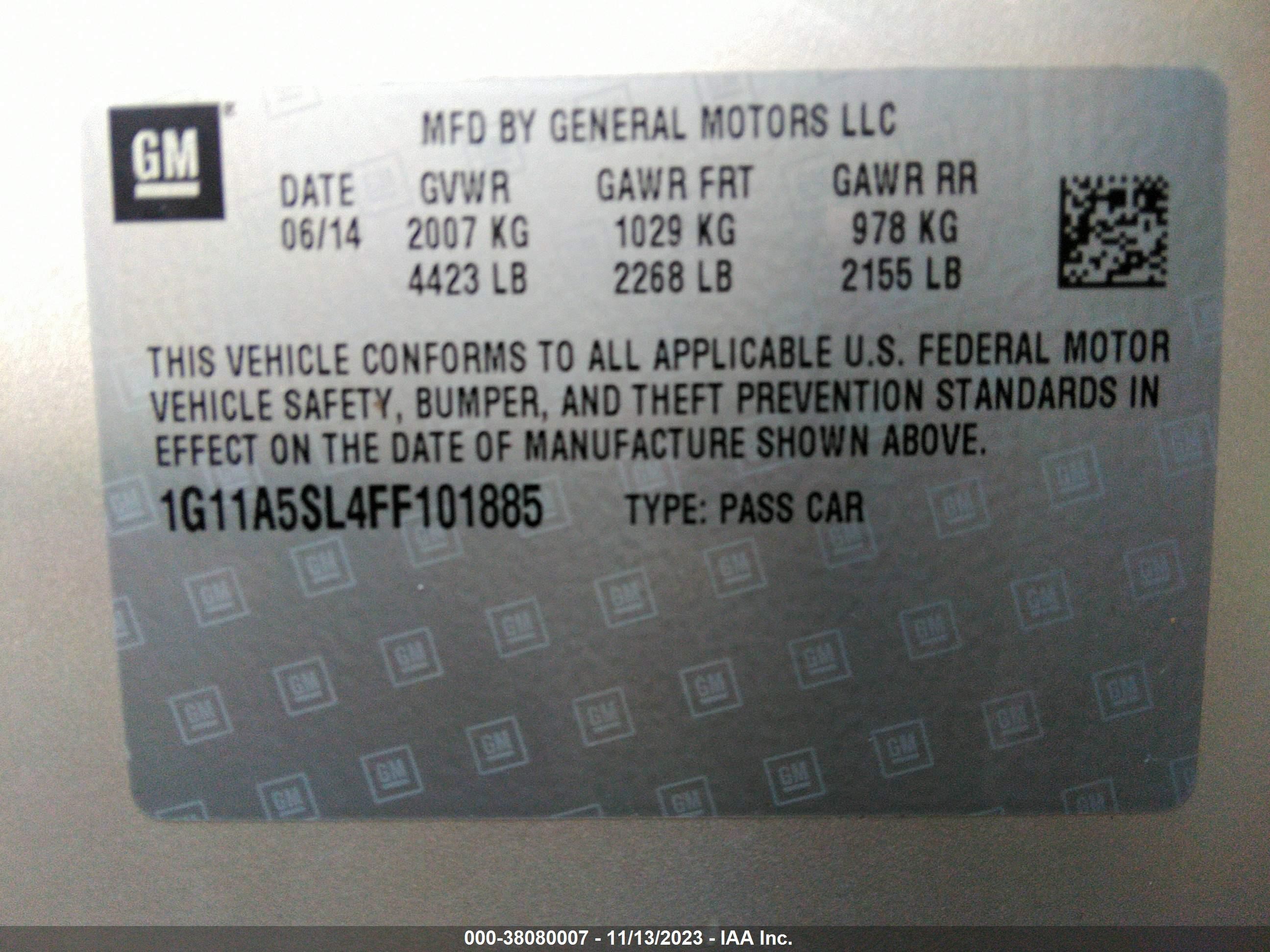 Photo 8 VIN: 1G11A5SL4FF101885 - CHEVROLET MALIBU 