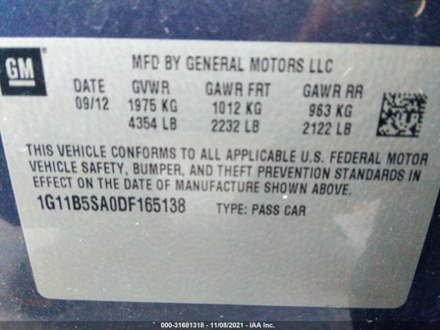 Photo 8 VIN: 1G11B5SA0DF165138 - CHEVROLET MALIBU 