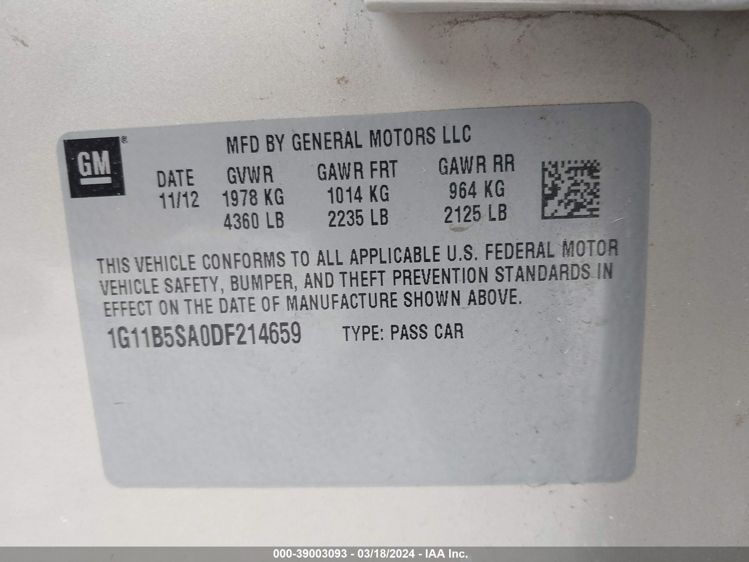 Photo 8 VIN: 1G11B5SA0DF214659 - CHEVROLET MALIBU 