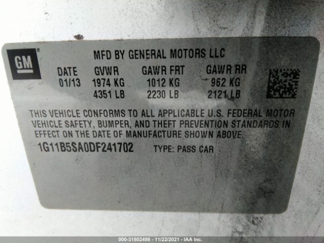 Photo 8 VIN: 1G11B5SA0DF241702 - CHEVROLET MALIBU 