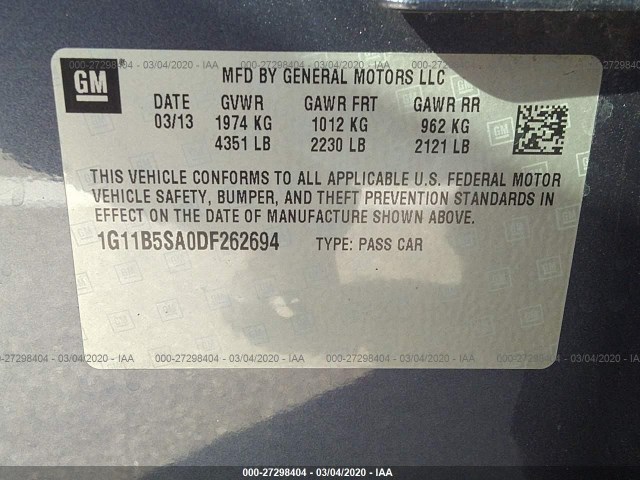 Photo 8 VIN: 1G11B5SA0DF262694 - CHEVROLET MALIBU 