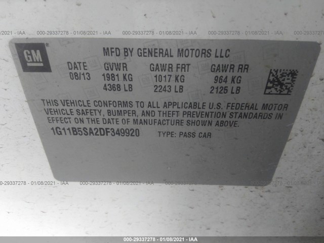 Photo 8 VIN: 1G11B5SA2DF349920 - CHEVROLET MALIBU 