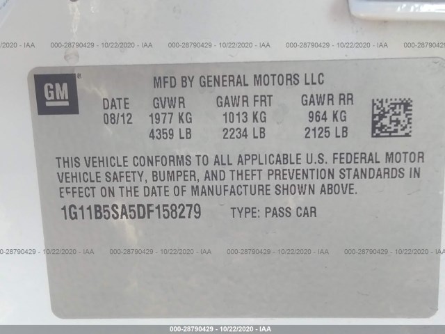 Photo 8 VIN: 1G11B5SA5DF158279 - CHEVROLET MALIBU 