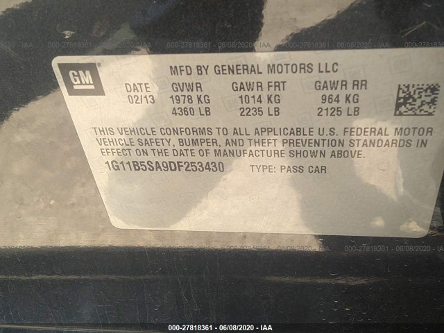 Photo 8 VIN: 1G11B5SA9DF253430 - CHEVROLET MALIBU 