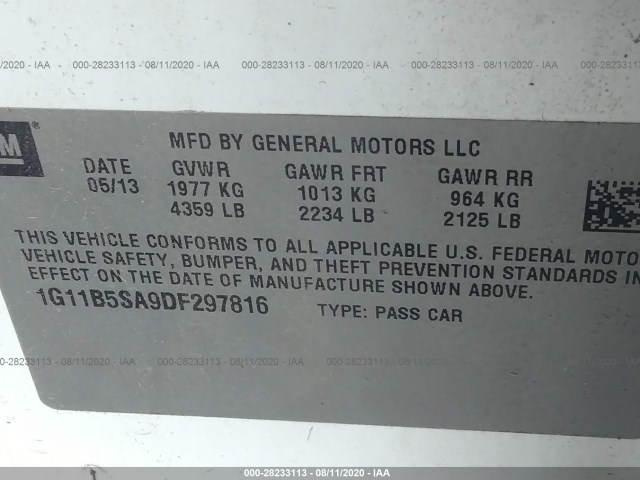 Photo 8 VIN: 1G11B5SA9DF297816 - CHEVROLET MALIBU 