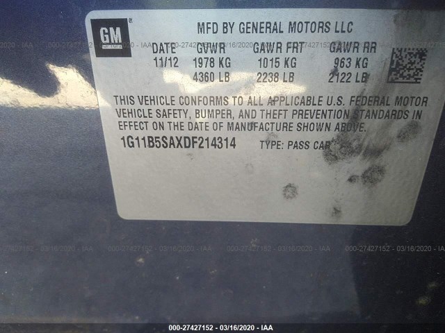 Photo 8 VIN: 1G11B5SAXDF214314 - CHEVROLET MALIBU 