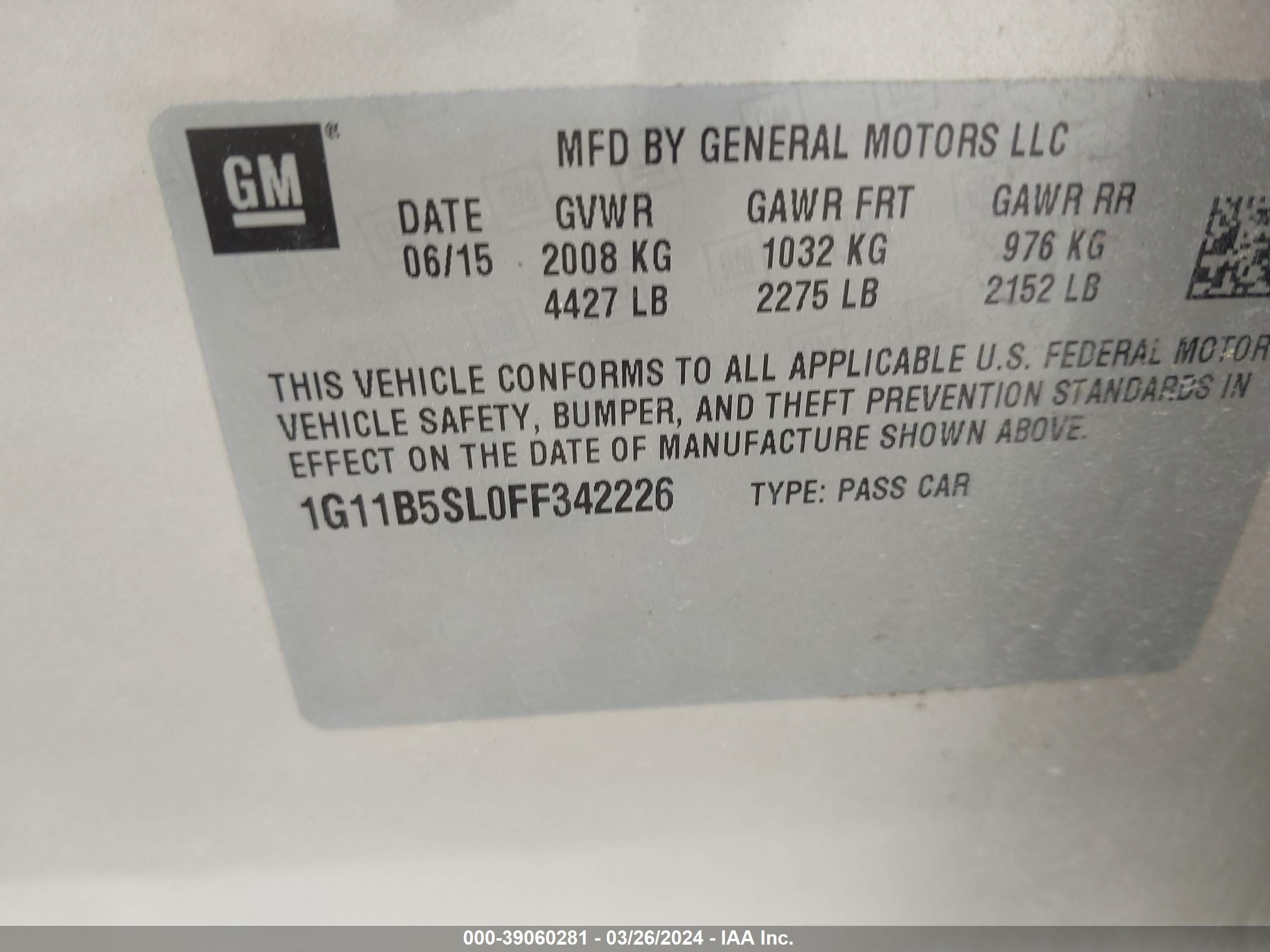 Photo 8 VIN: 1G11B5SL0FF342226 - CHEVROLET MALIBU 