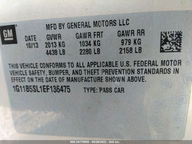 Photo 8 VIN: 1G11B5SL1EF136475 - CHEVROLET MALIBU 