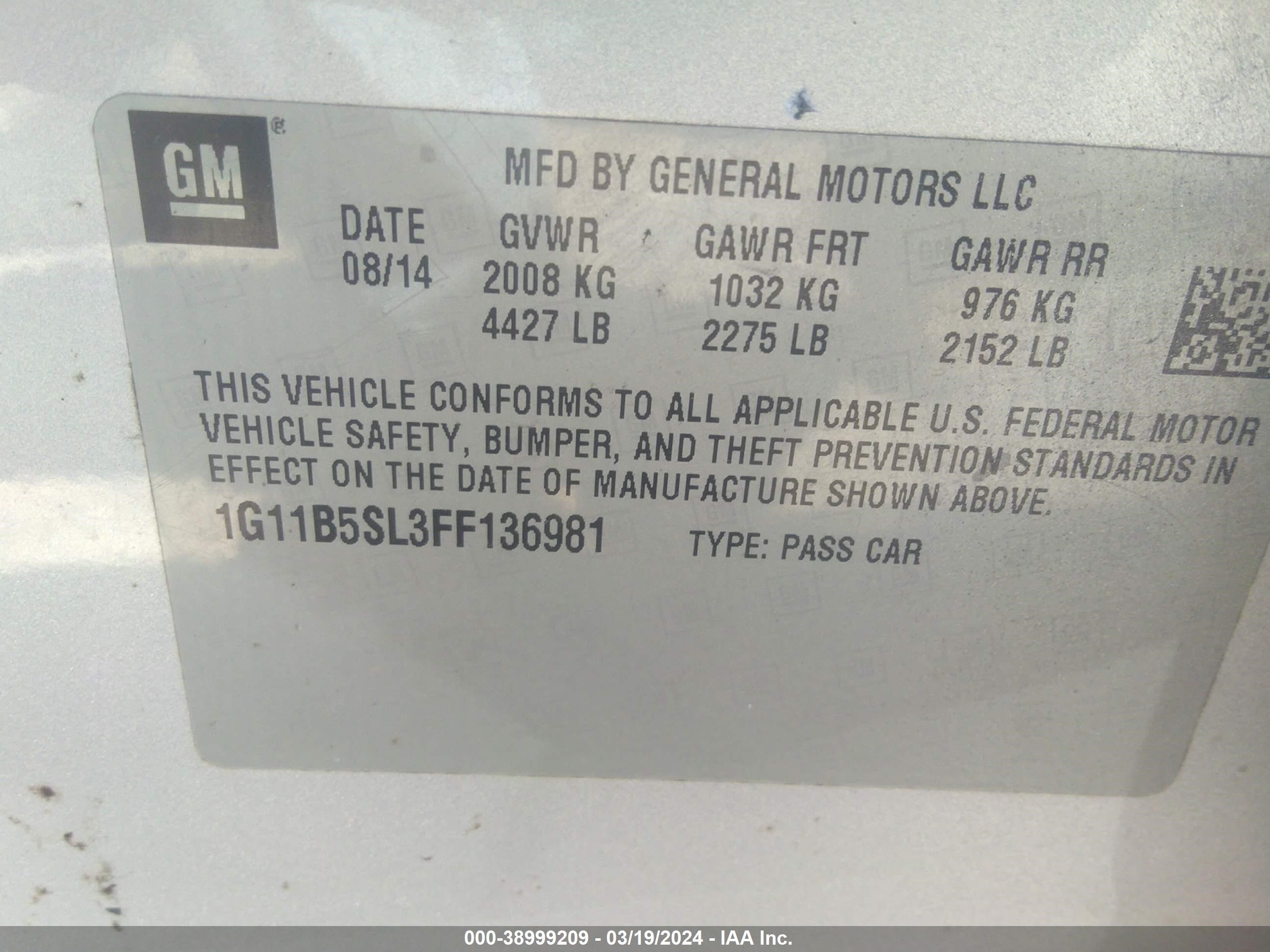 Photo 8 VIN: 1G11B5SL3FF136981 - CHEVROLET MALIBU 