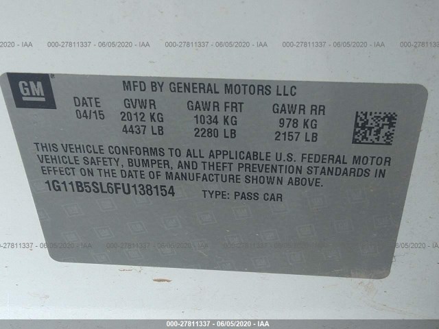 Photo 8 VIN: 1G11B5SL6FU138154 - CHEVROLET MALIBU 