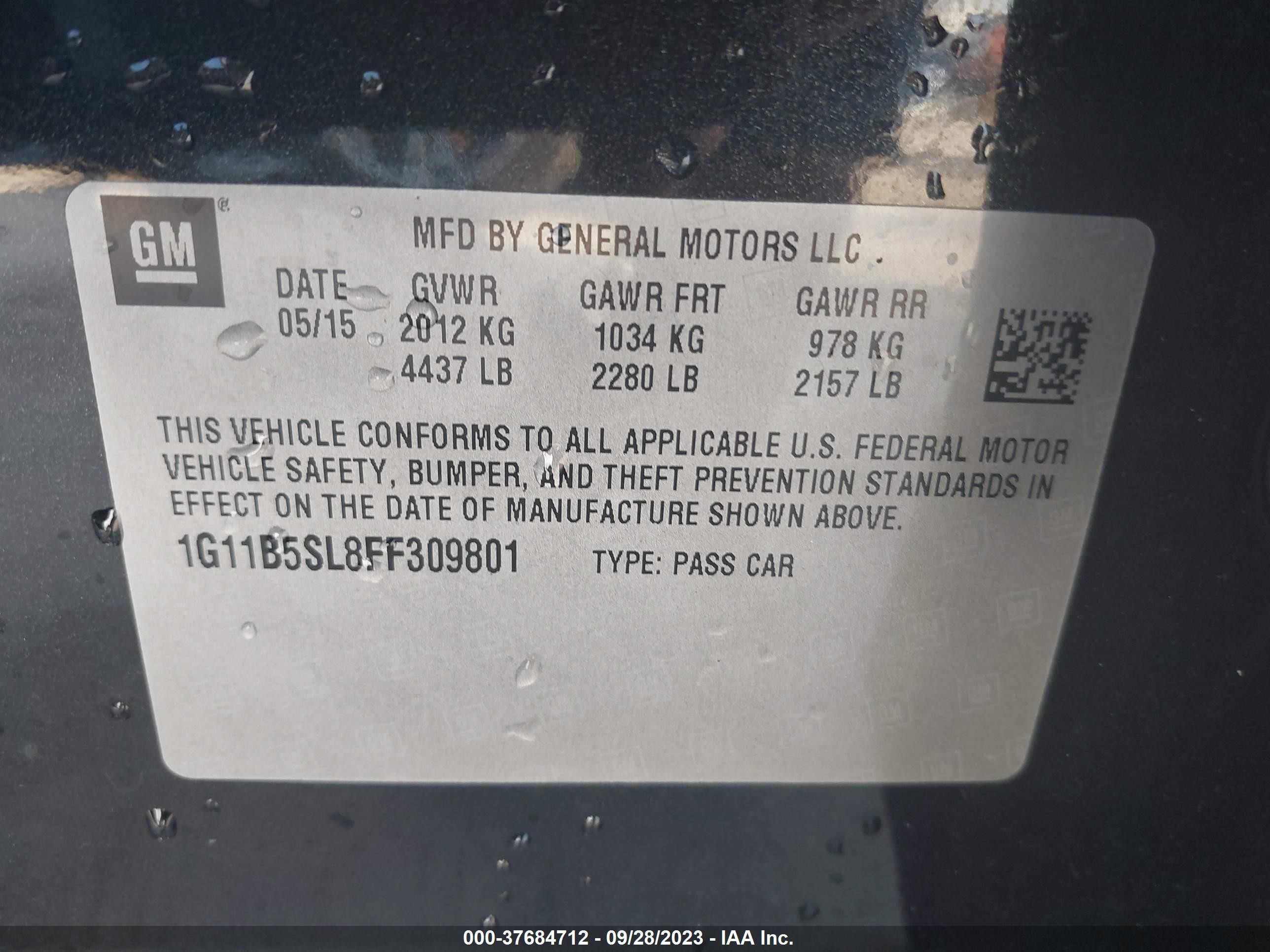 Photo 8 VIN: 1G11B5SL8FF309801 - CHEVROLET MALIBU 