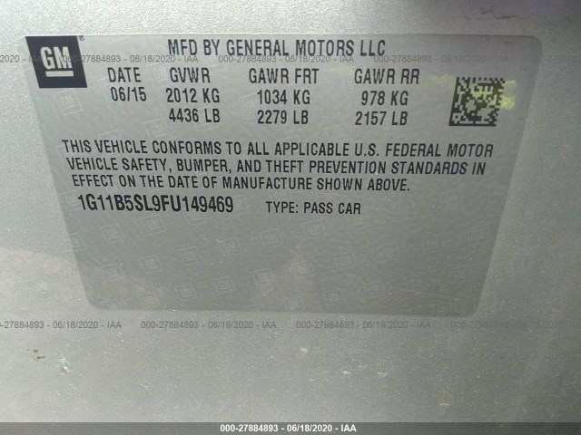 Photo 8 VIN: 1G11B5SL9FU149469 - CHEVROLET MALIBU LS 