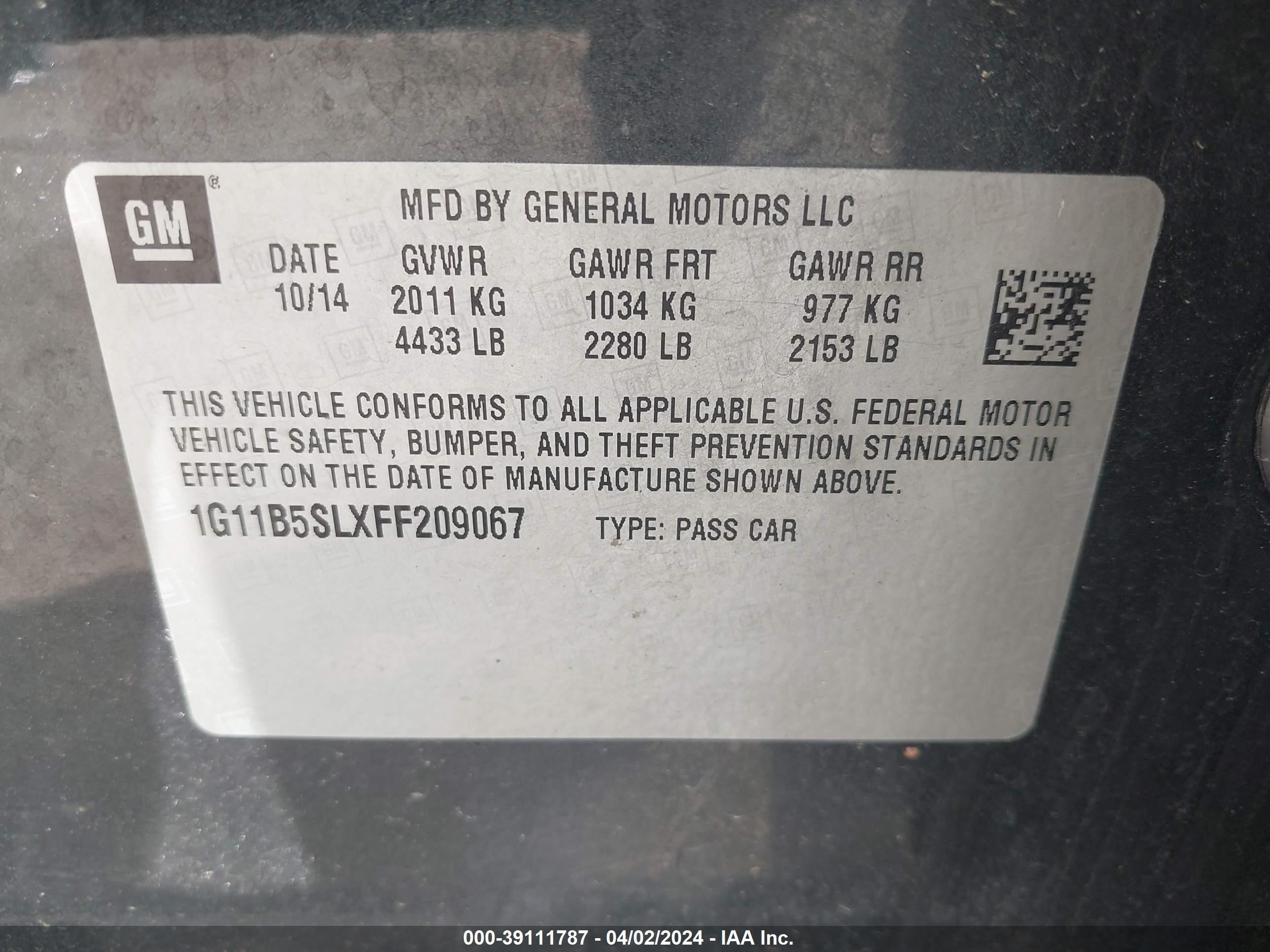 Photo 8 VIN: 1G11B5SLXFF209067 - CHEVROLET MALIBU 