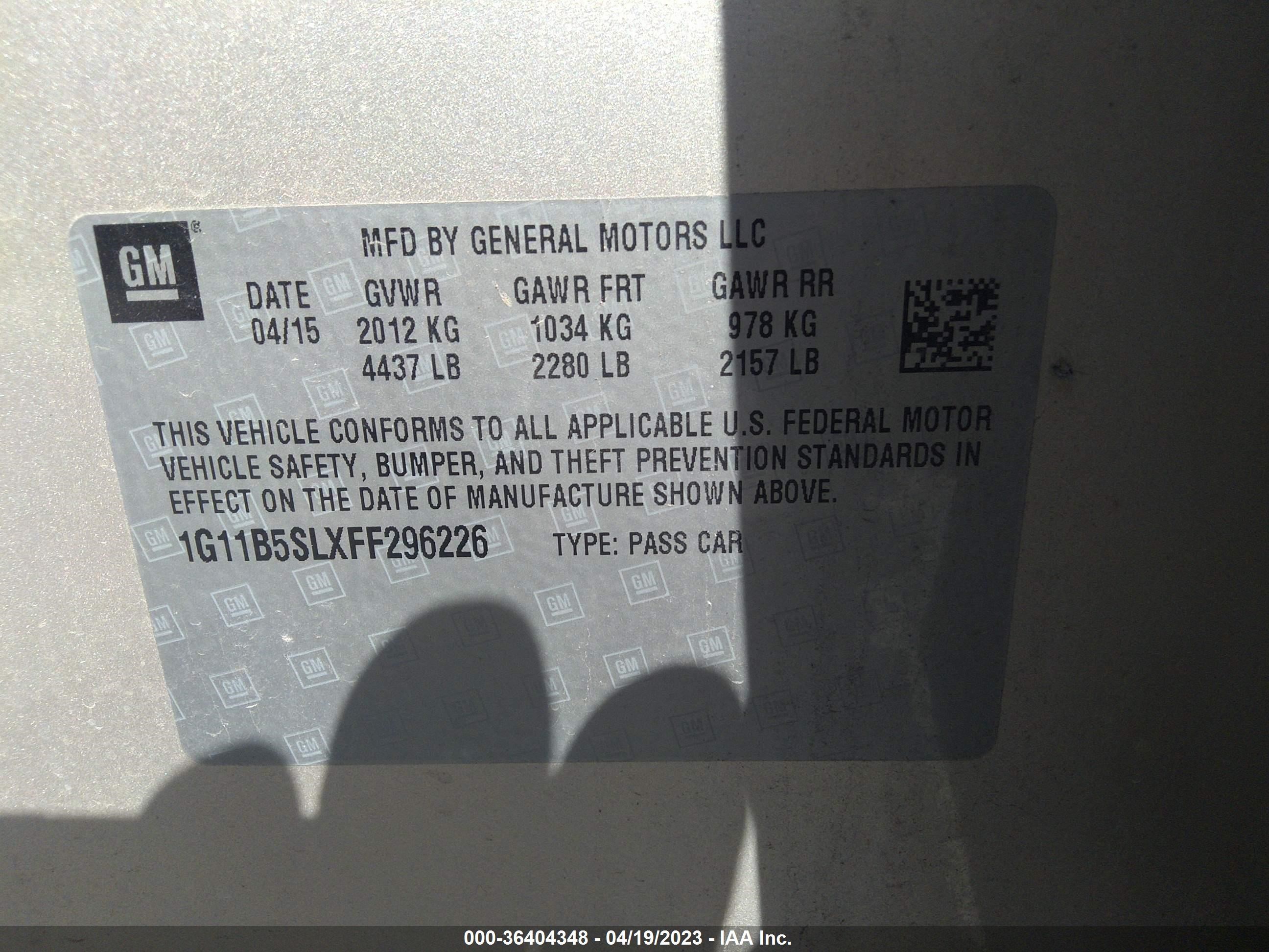 Photo 8 VIN: 1G11B5SLXFF296226 - CHEVROLET MALIBU 